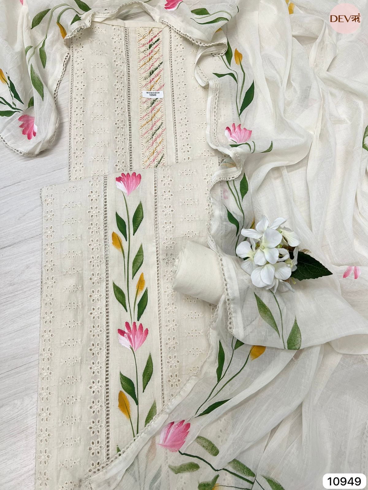 White Cotton Unstitched Hand Printed -Set Of 3