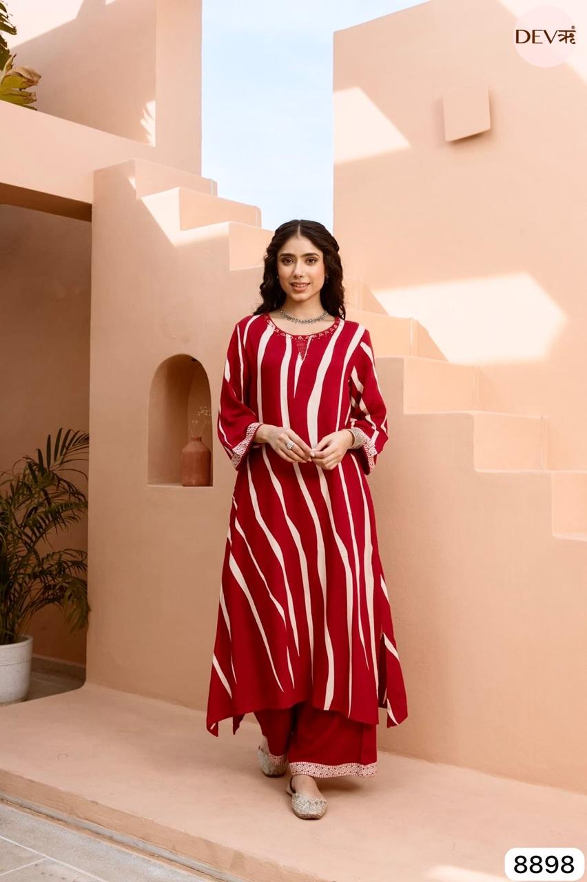 Red German Reyon Printed Readymades Co-Ord -Set Of 2 {8898/M}