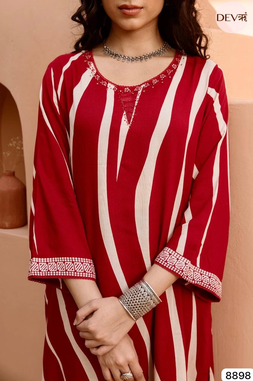 Red German Reyon Printed Readymades Co-Ord -Set Of 2 {8898}