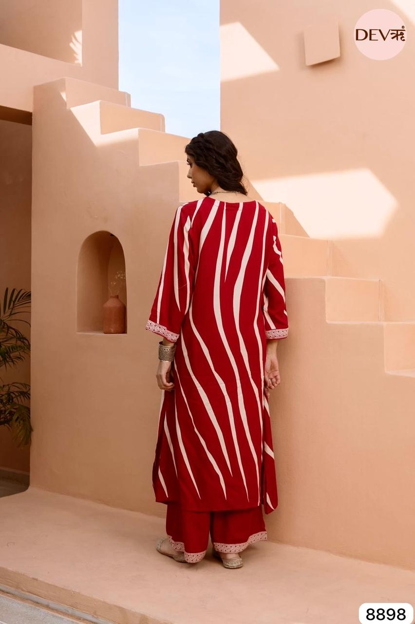 Red German Reyon Printed Readymades Co-Ord -Set Of 2 {8898}