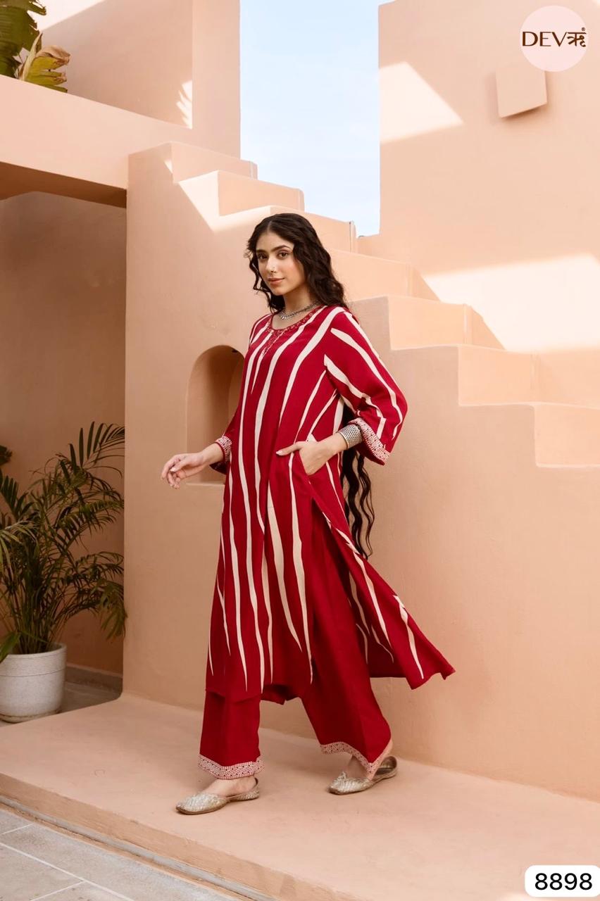 Red German Reyon Printed Readymades Co-Ord -Set Of 2 {8898}