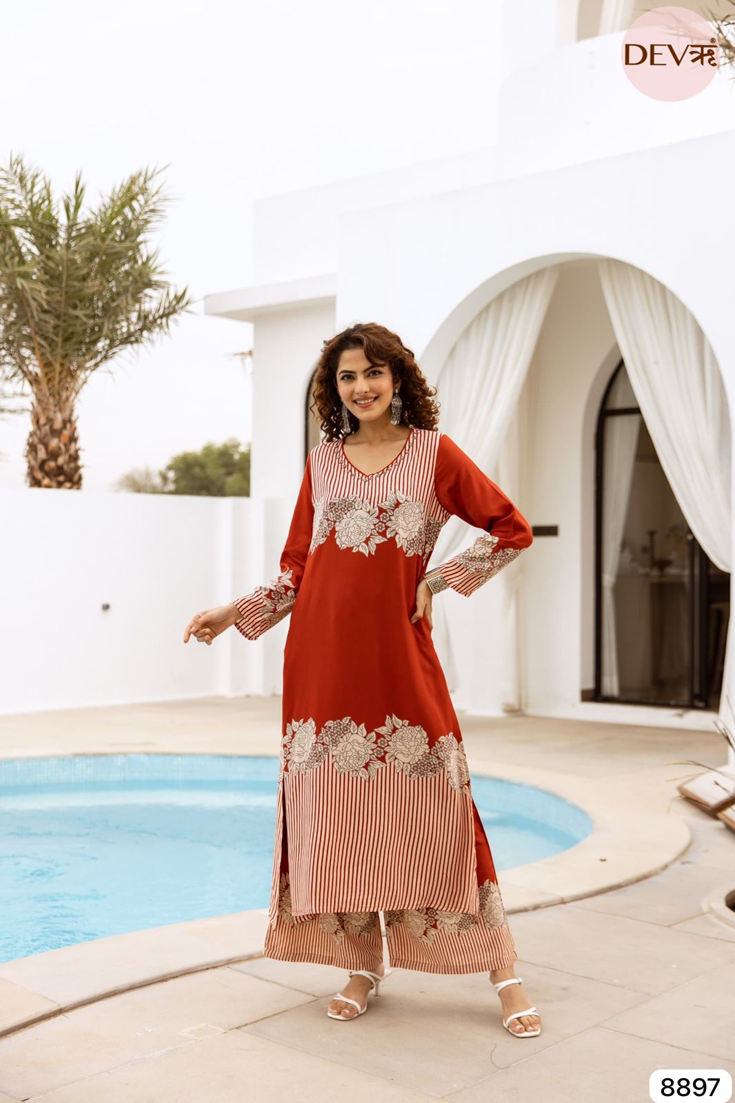 Orange German Reyon Printed Readymades Co-Ord -Set Of 2 {8897/M}