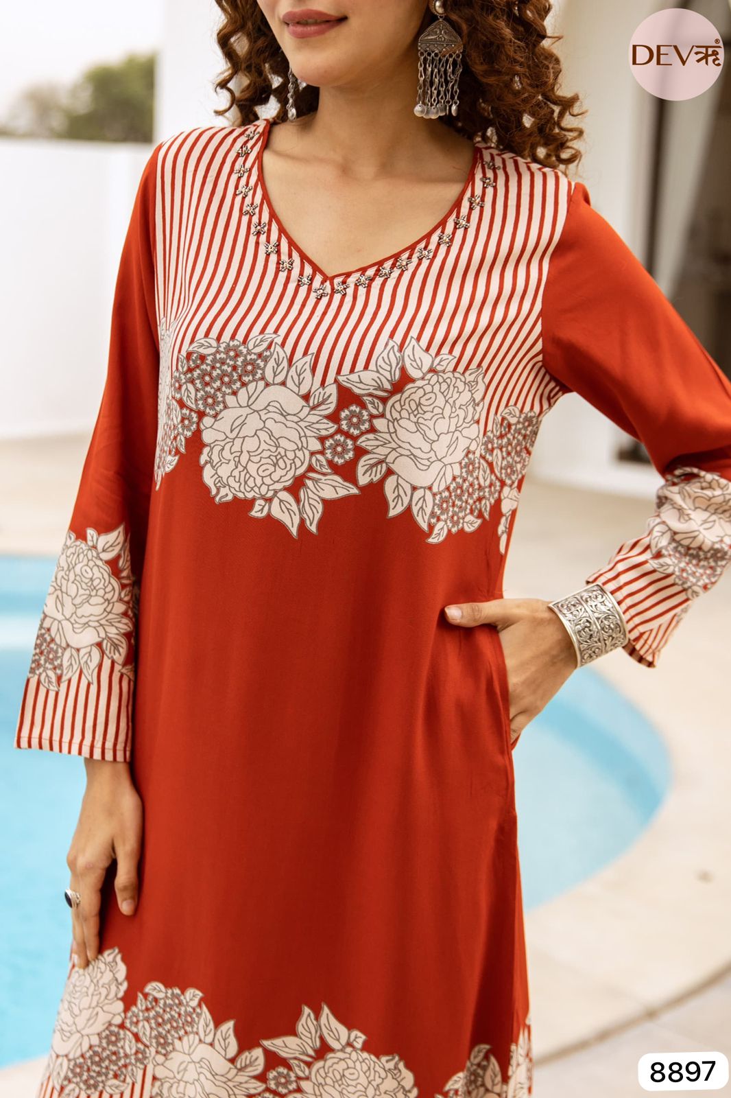 Orange German Reyon Printed Readymades Co-Ord -Set Of 2 {8897/M}