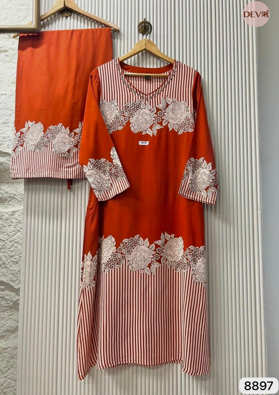 Orange German Reyon Printed Readymades Co-Ord -Set Of 2 {8897/M}