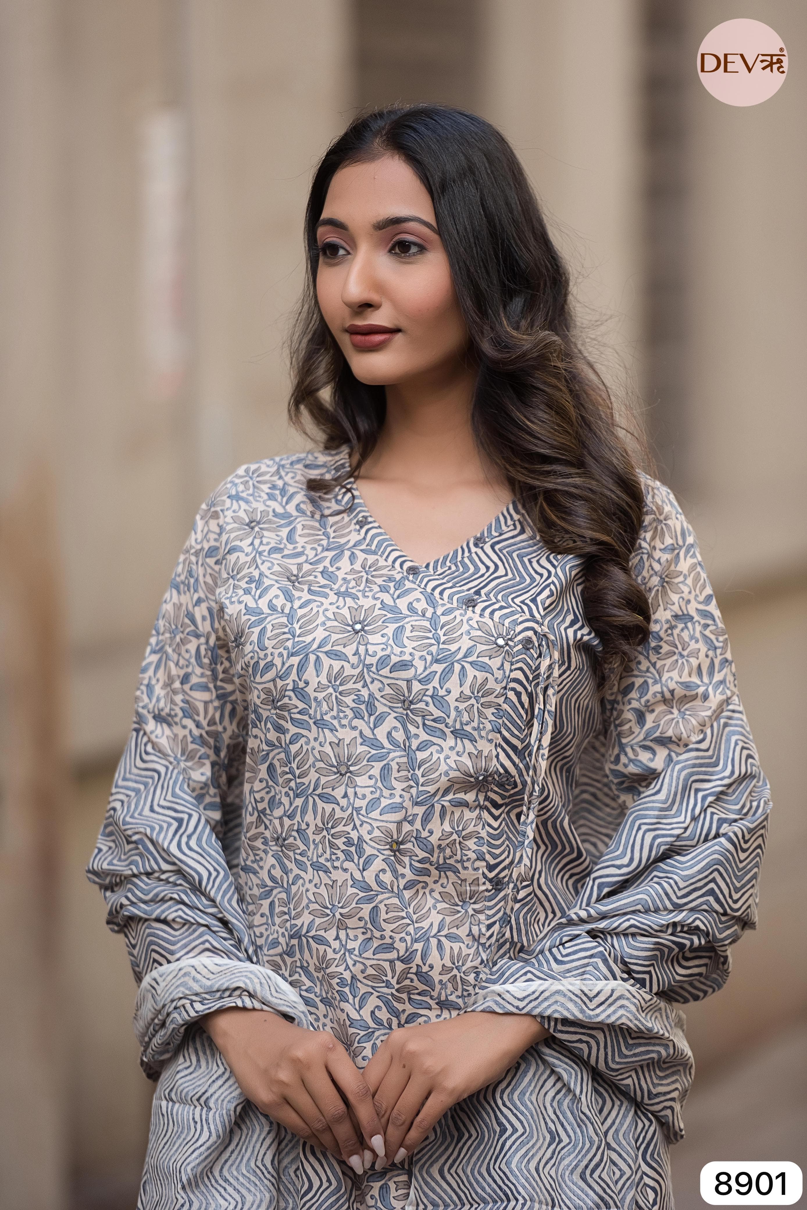 Blue Summer Cotton Printed Hand Embroidered  -Set Of 3 {8901}