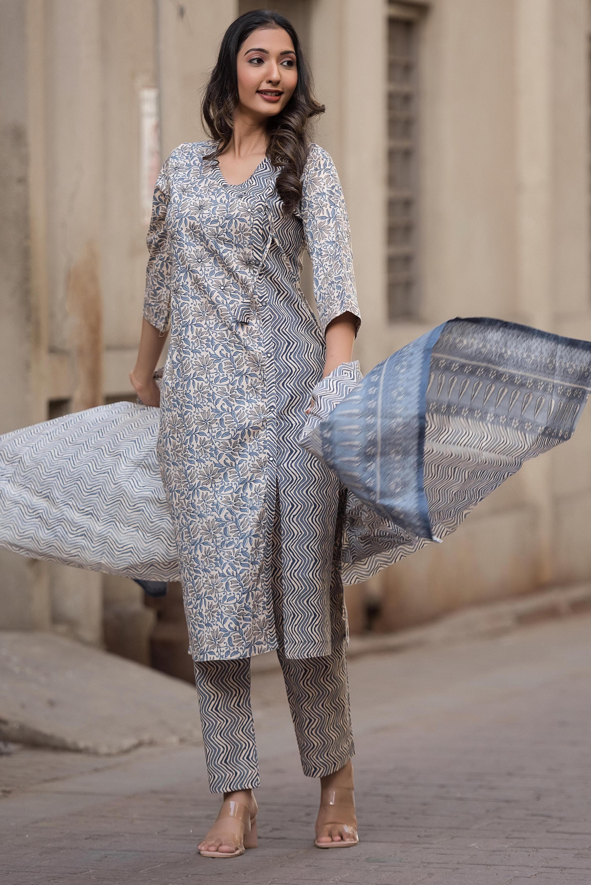 Blue Summer Cotton Printed Hand Embroidered  -Set Of 3 {8901}