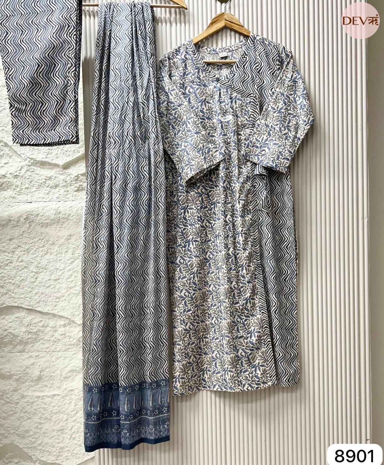 Blue Summer Cotton Printed Hand Embroidered  -Set Of 3 {8901}