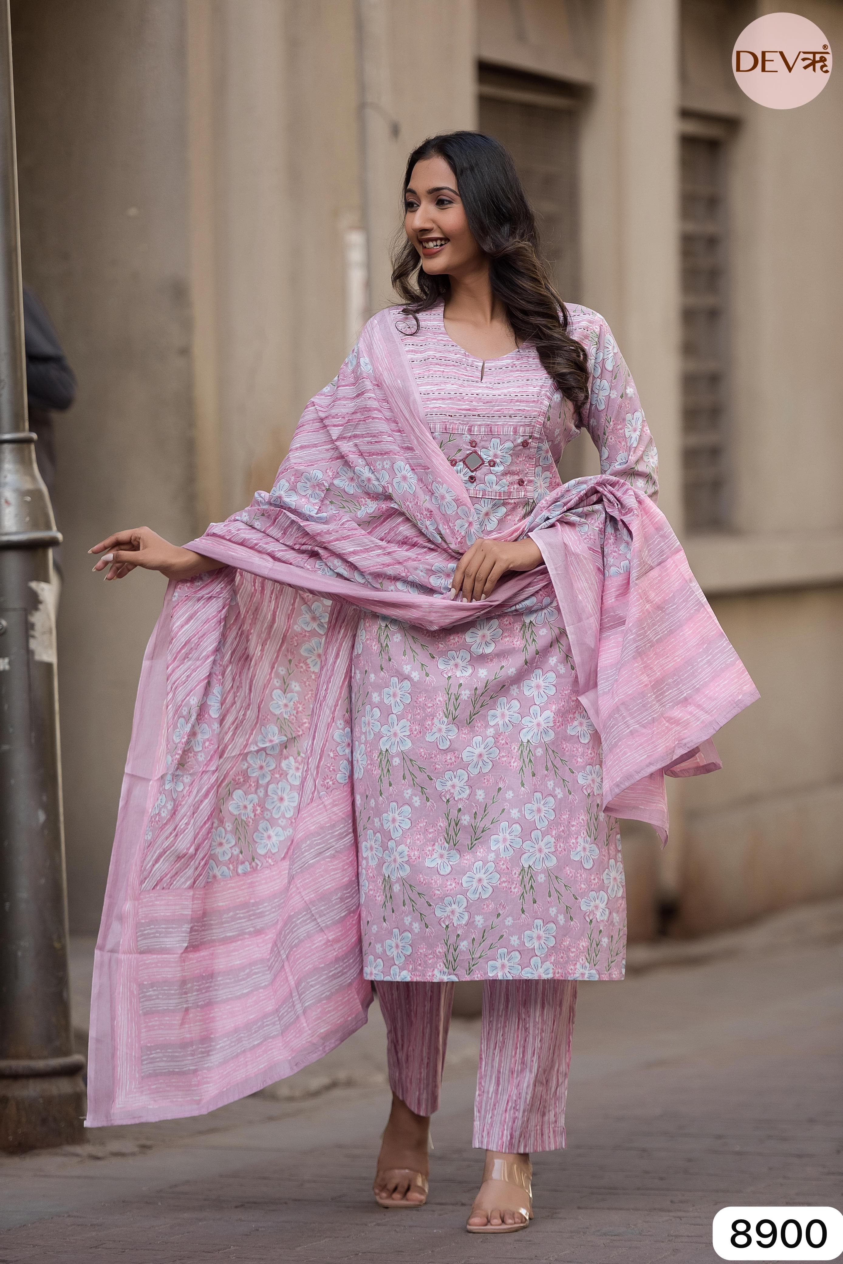 Pink Summer Cotton Printed Hand Embroidered -Set Of 3 {8900}