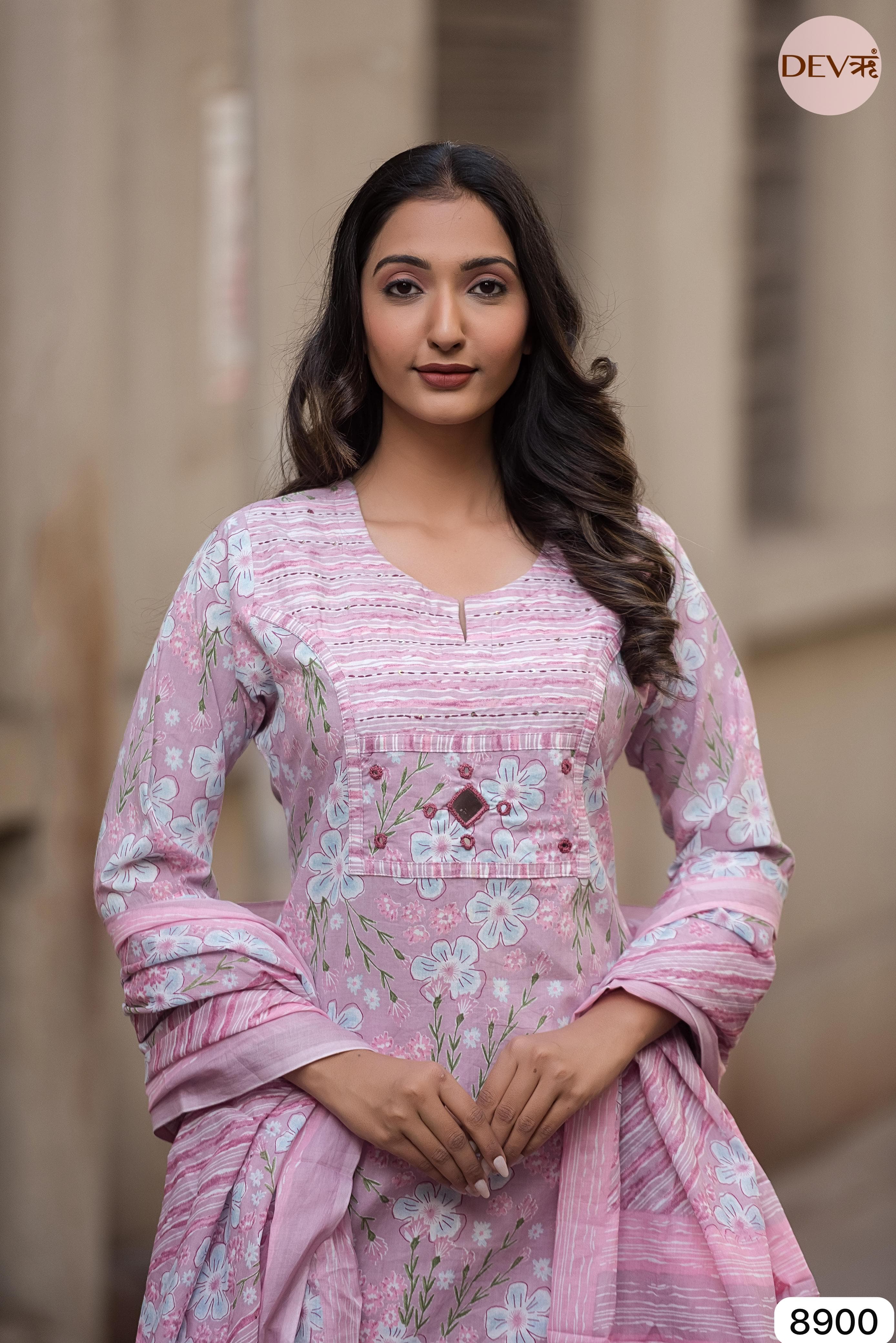 Pink Summer Cotton Printed Hand Embroidered -Set Of 3 {8900}