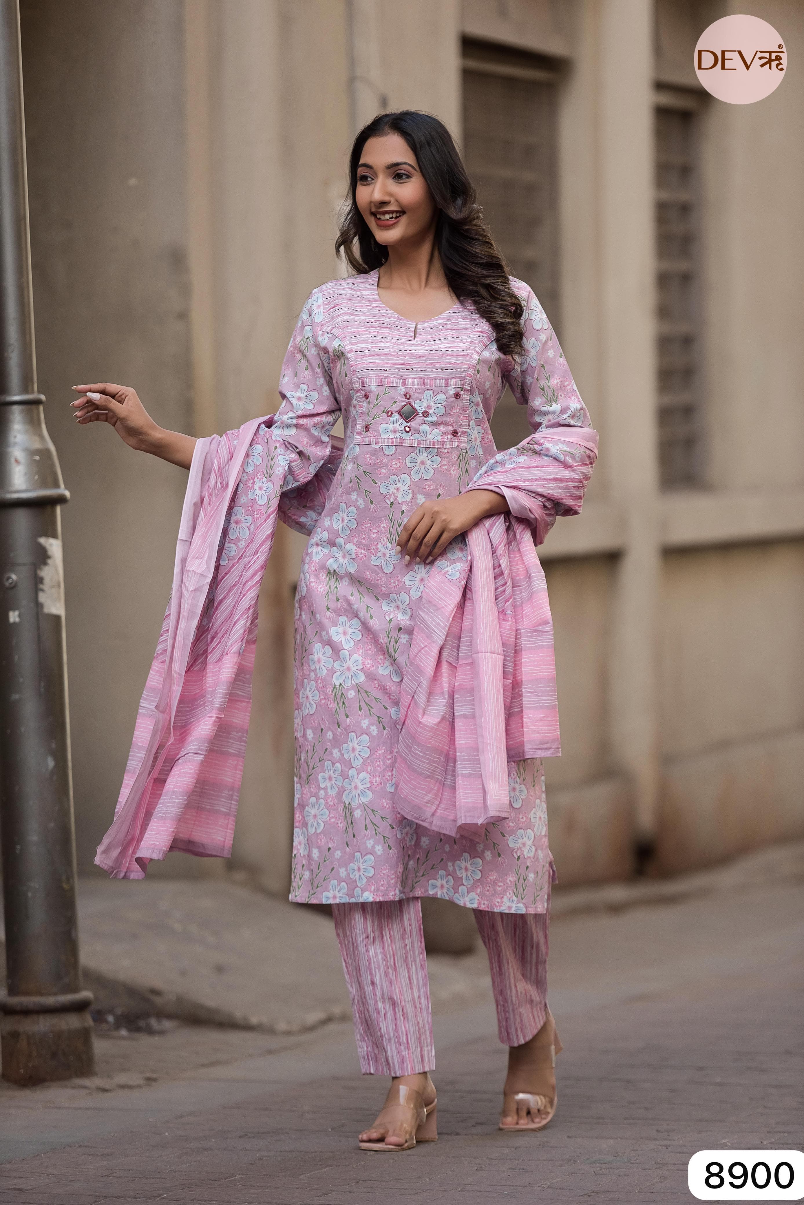 Pink Summer Cotton Printed Hand Embroidered -Set Of 3 {8900}