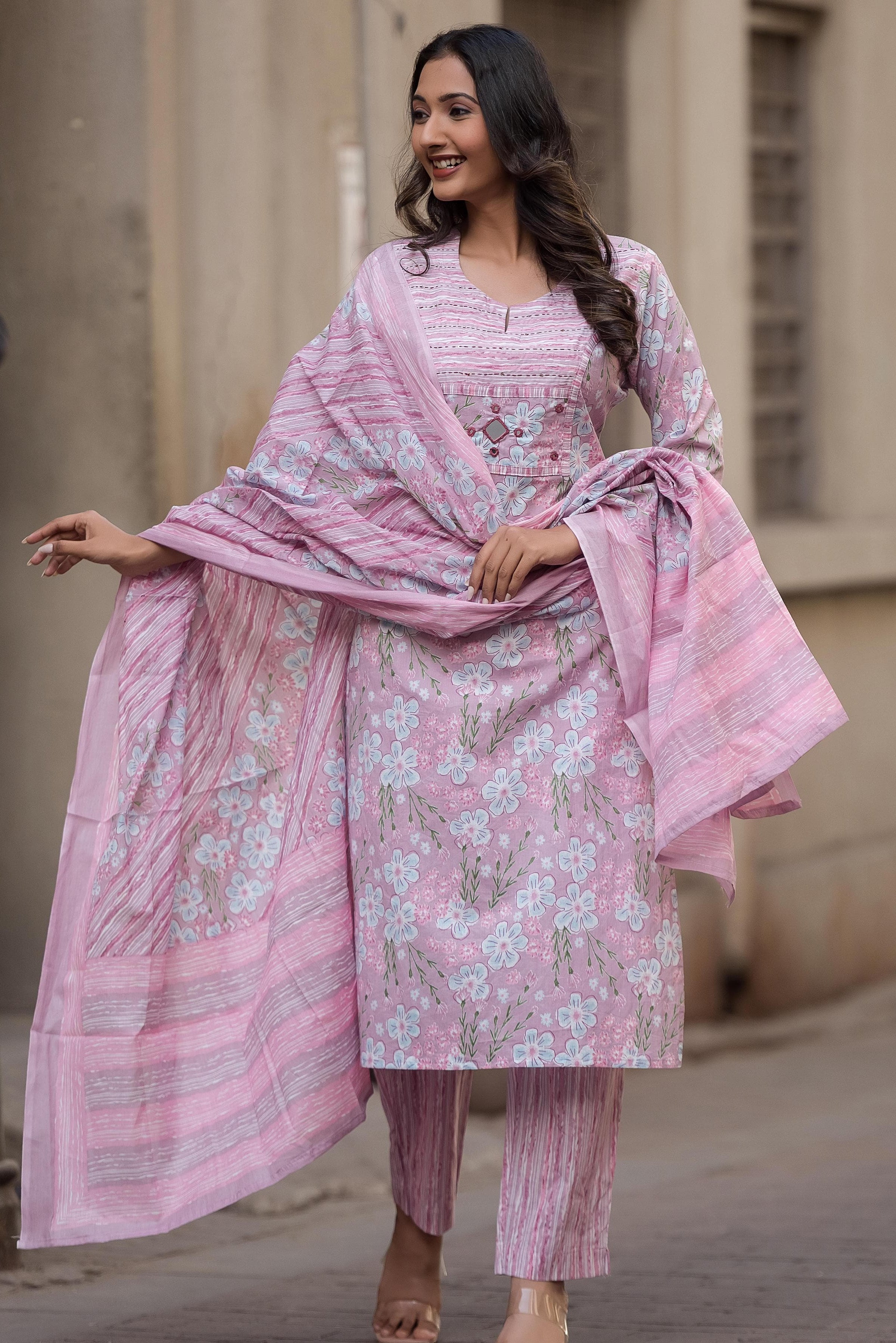 Pink Summer Cotton Printed Hand Embroidered -Set Of 3 {8900}