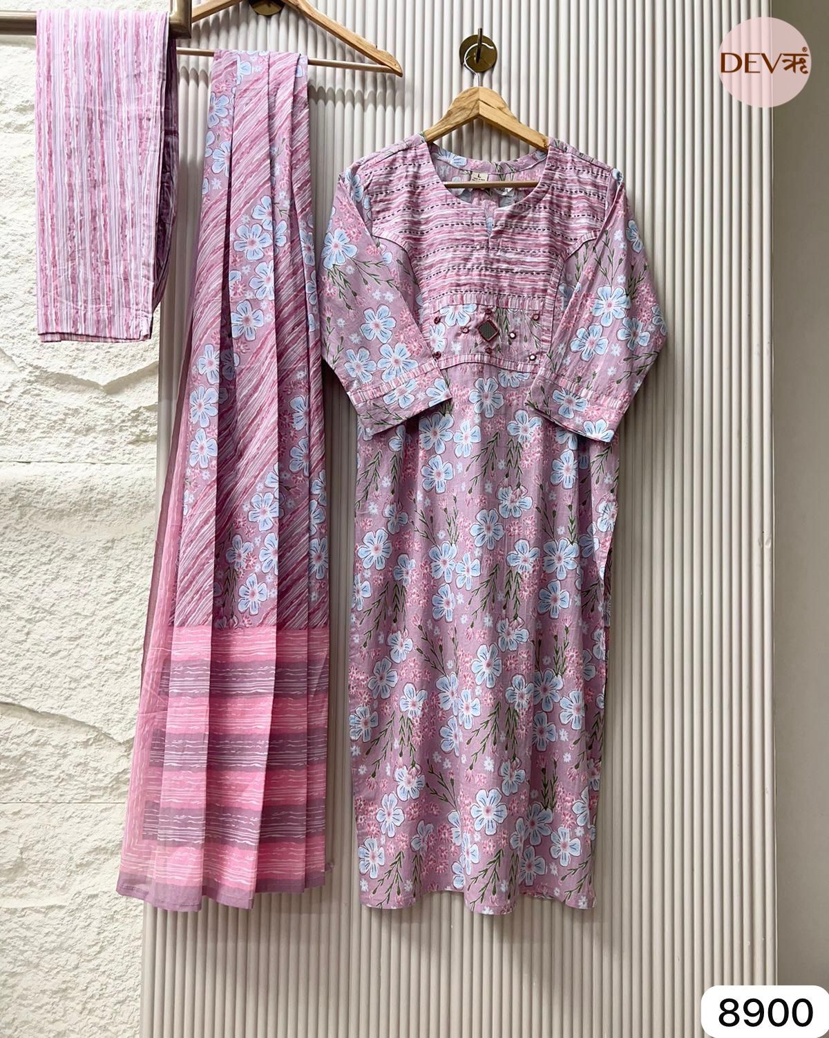 Pink Summer Cotton Printed Hand Embroidered -Set Of 3 {8900}