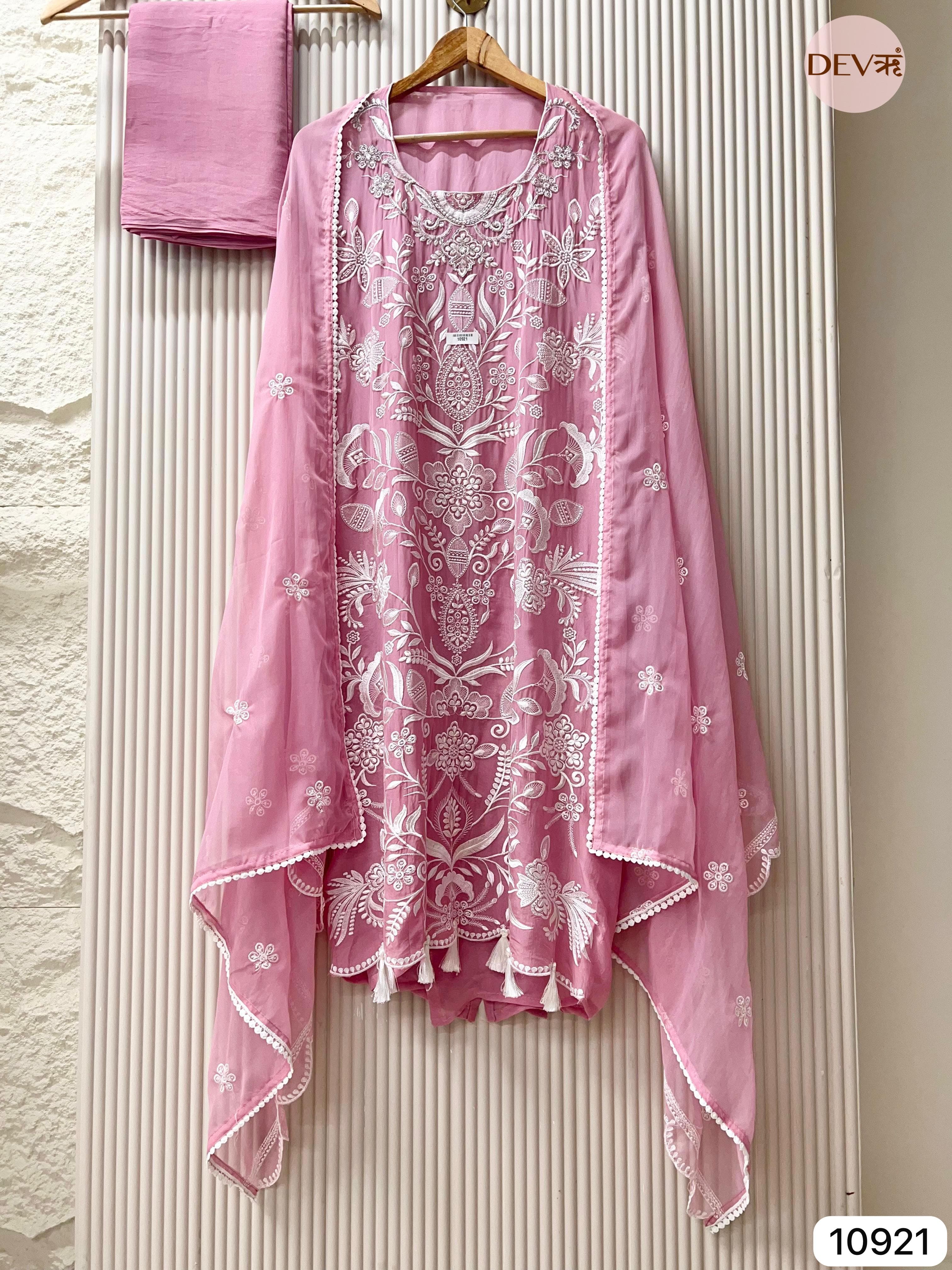 Pink Organza Unstitched  Embroidered -Set Of 3 {10921}