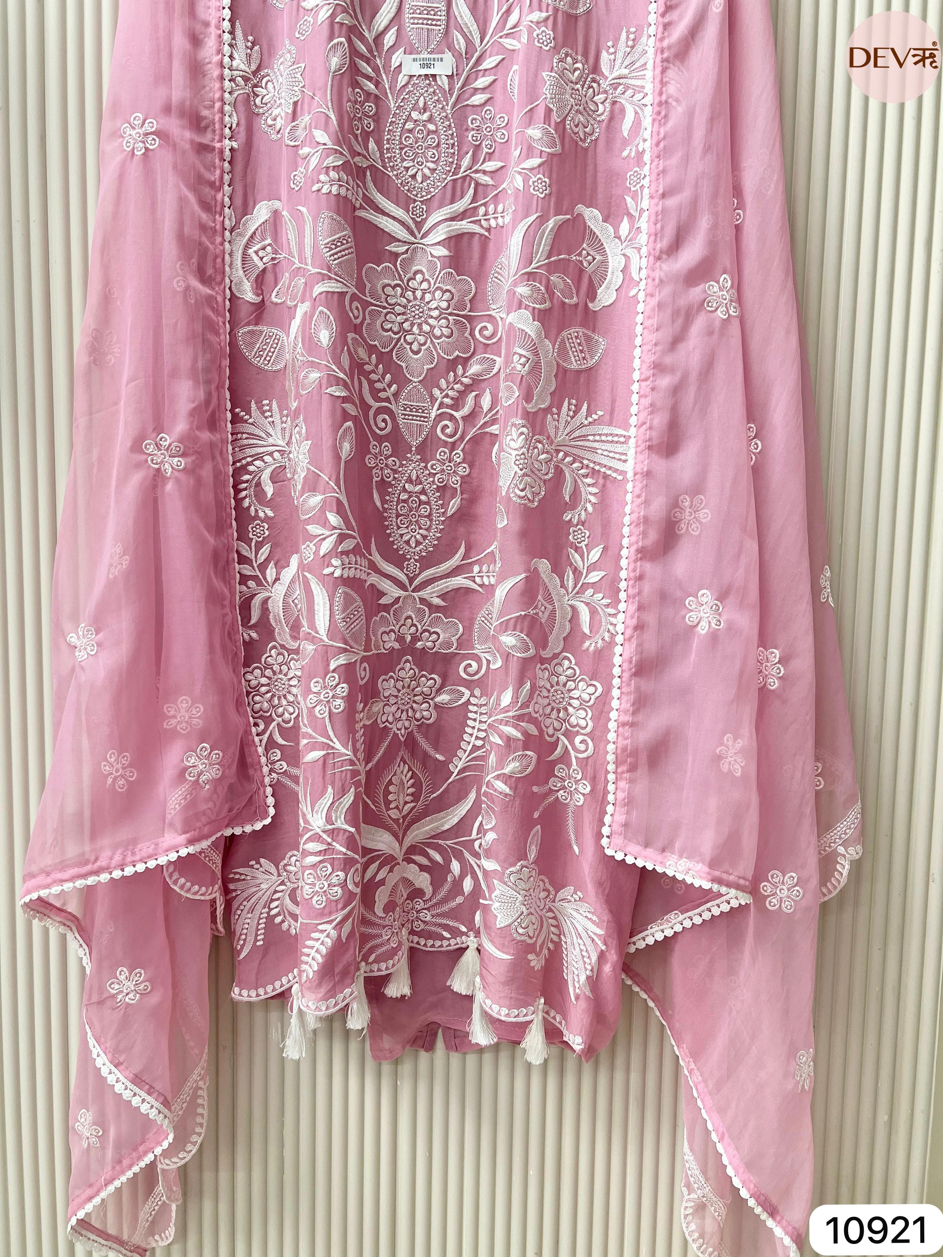 Pink Organza Unstitched  Embroidered -Set Of 3 {10921}