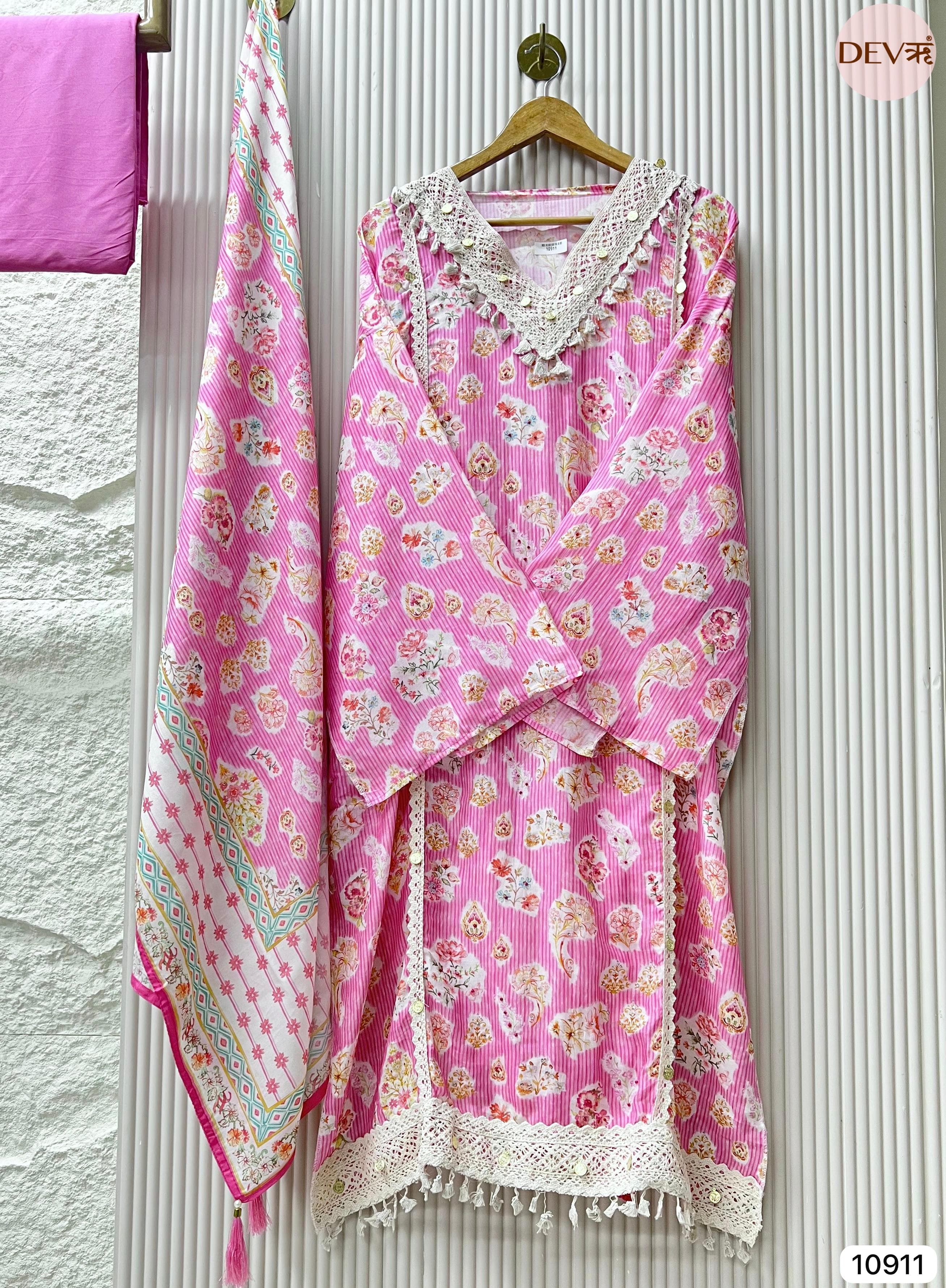 Pink Muslin Semi Stitched Printed Crocia Laces -Set Of 3 {10911}