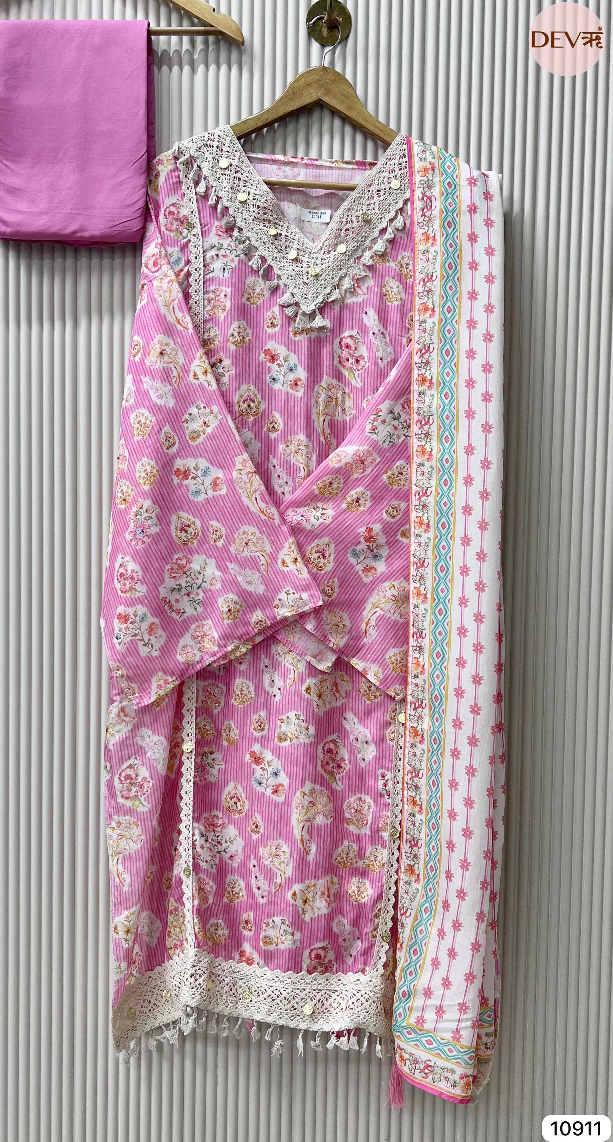 Pink Muslin Semi Stitched Printed Crocia Laces -Set Of 3 {10911}