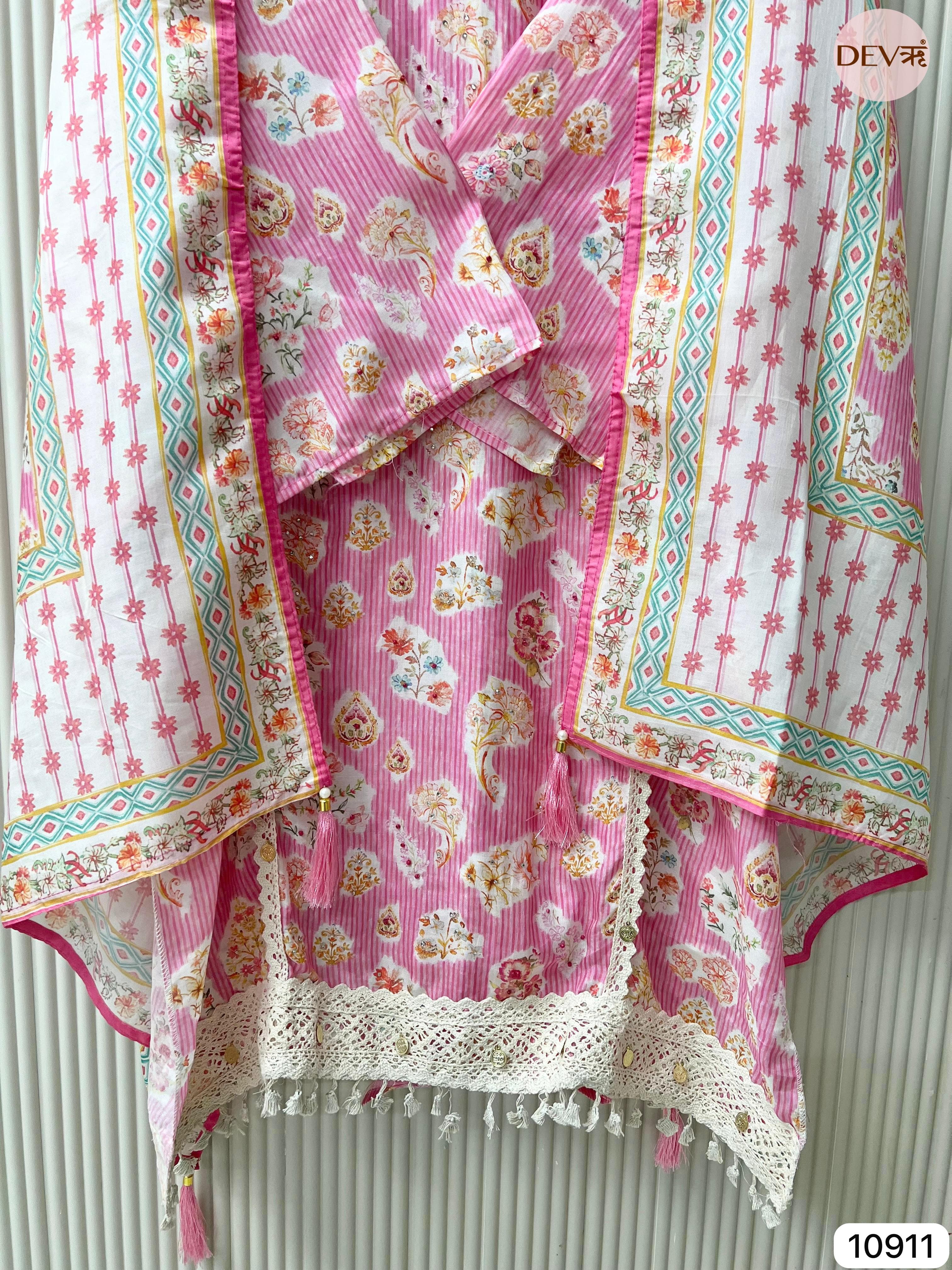Pink Muslin Semi Stitched Printed Crocia Laces -Set Of 3 {10911}