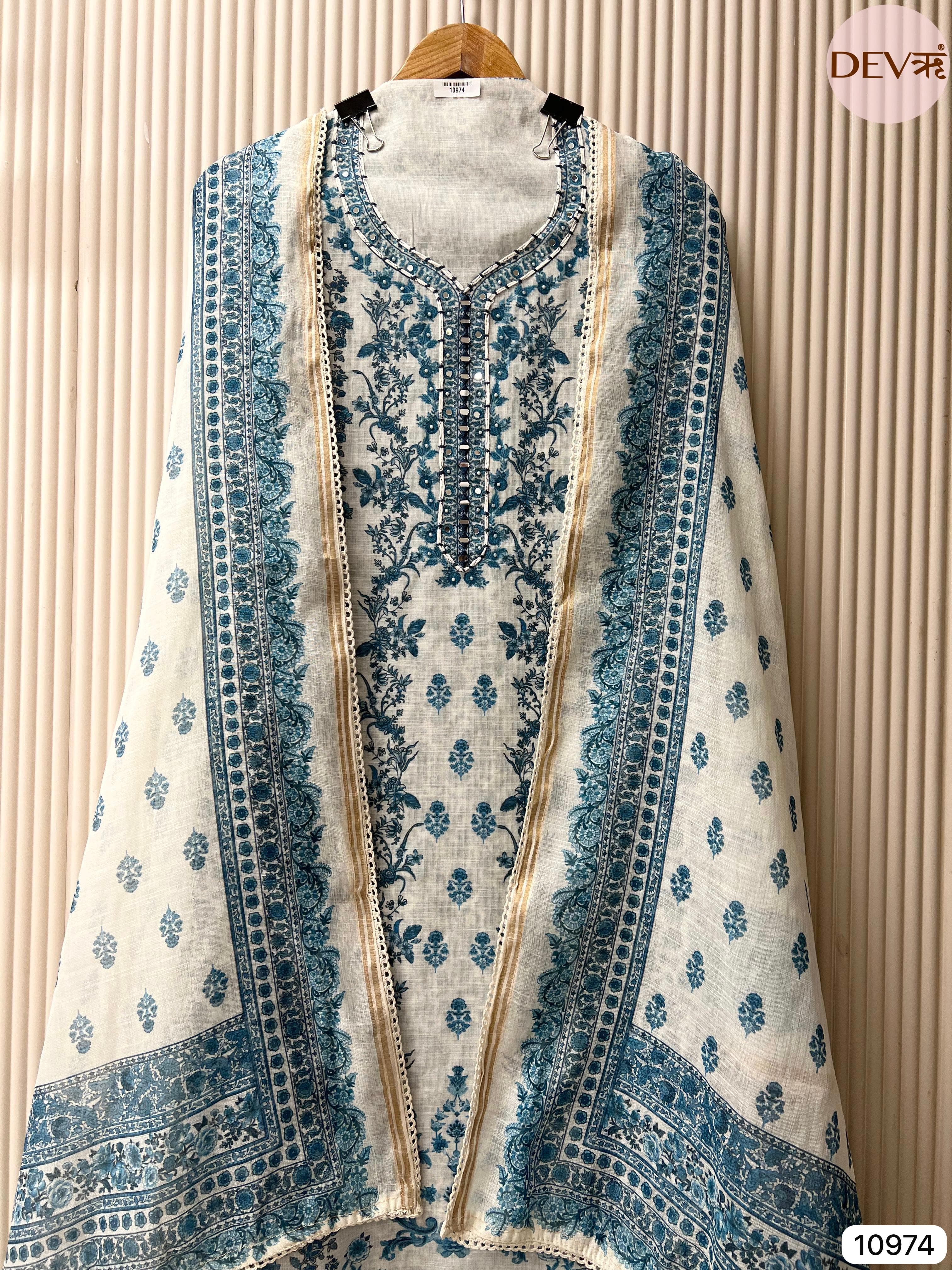Blue Linen Unstitched Printed Hand Embroidered -Set Of 3