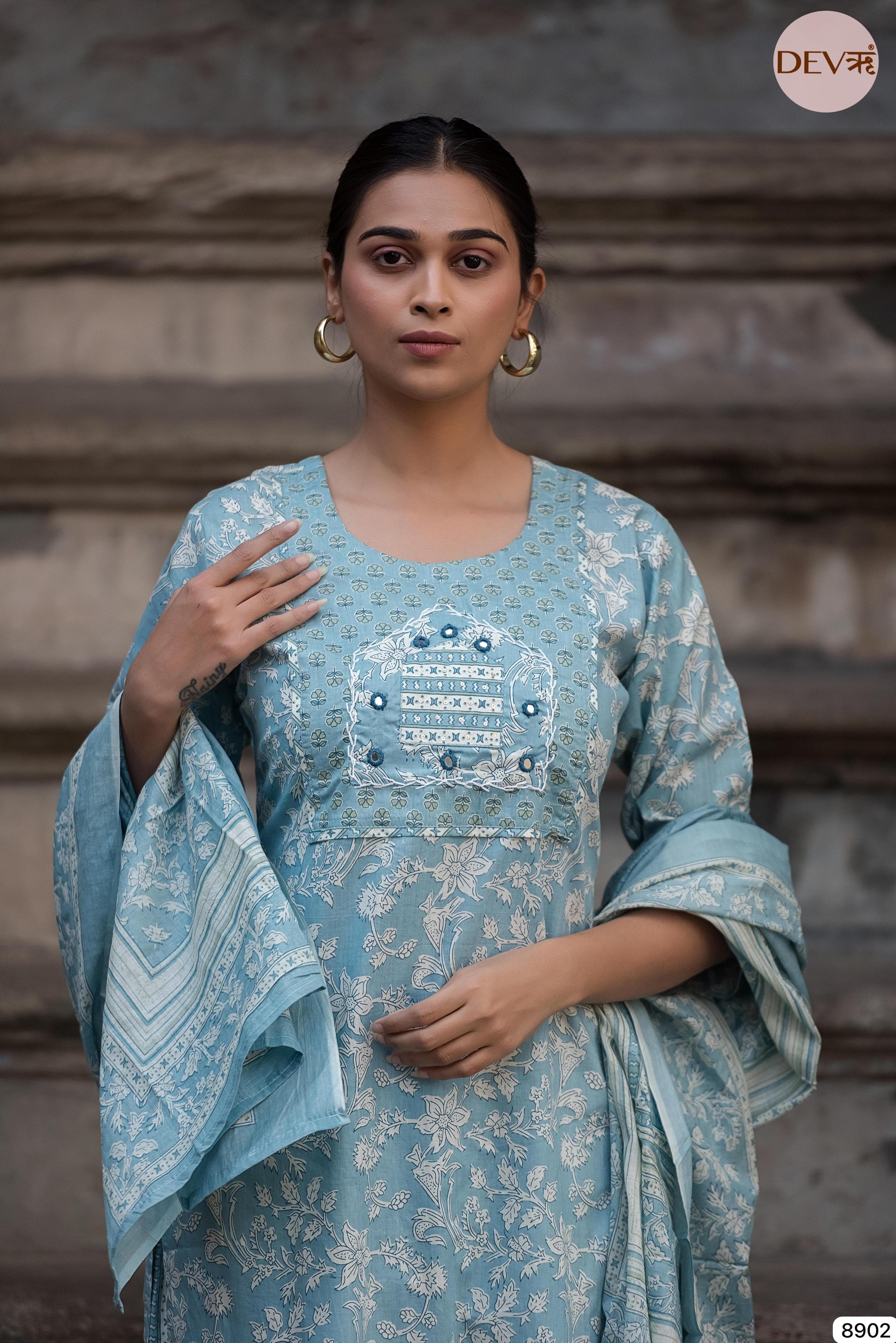 Blue Summer Cotton Printed Hand Embidered -Set Of 3 {8902}