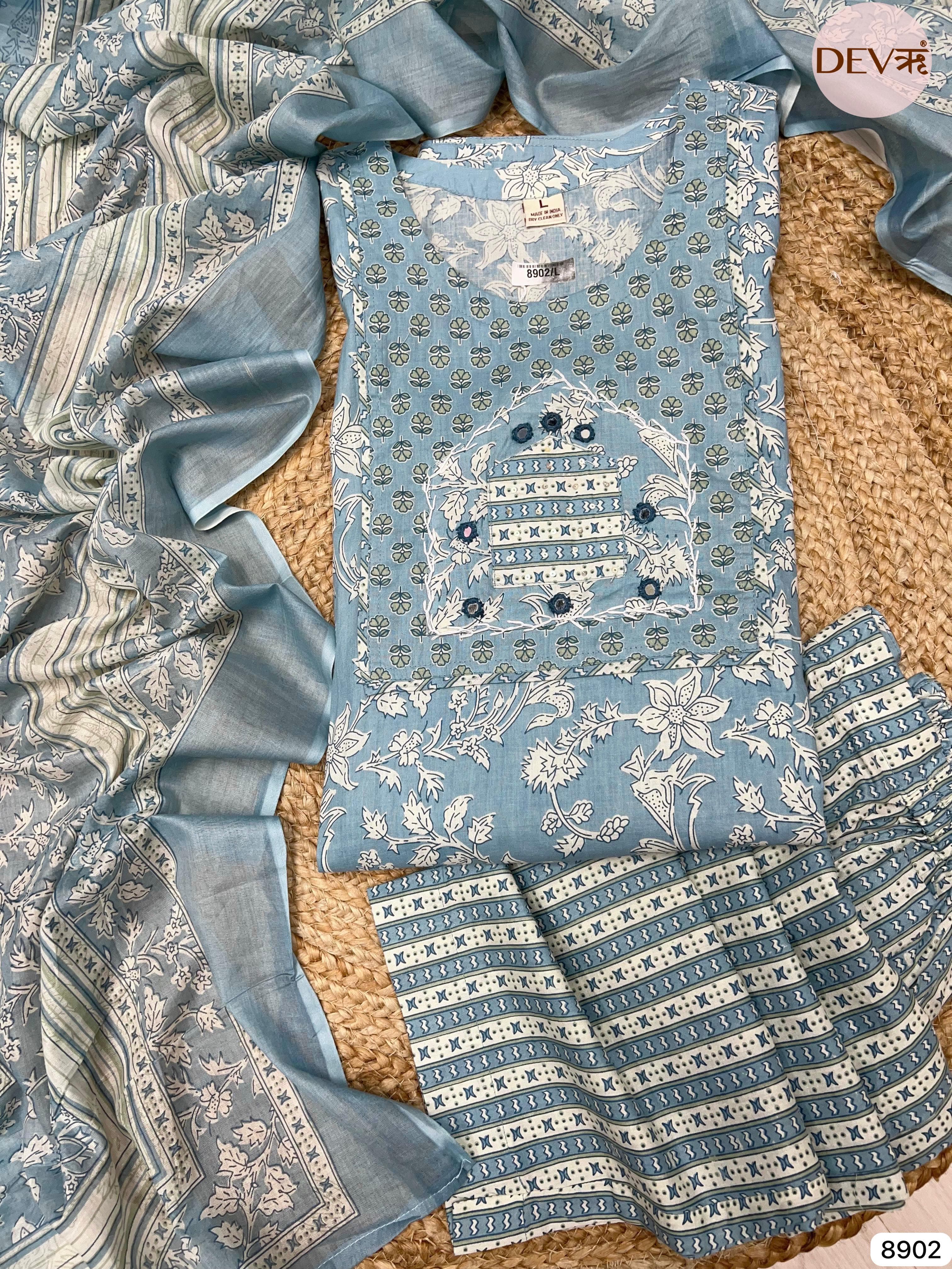 Blue Summer Cotton Printed Hand Embidered -Set Of 3 {8902}