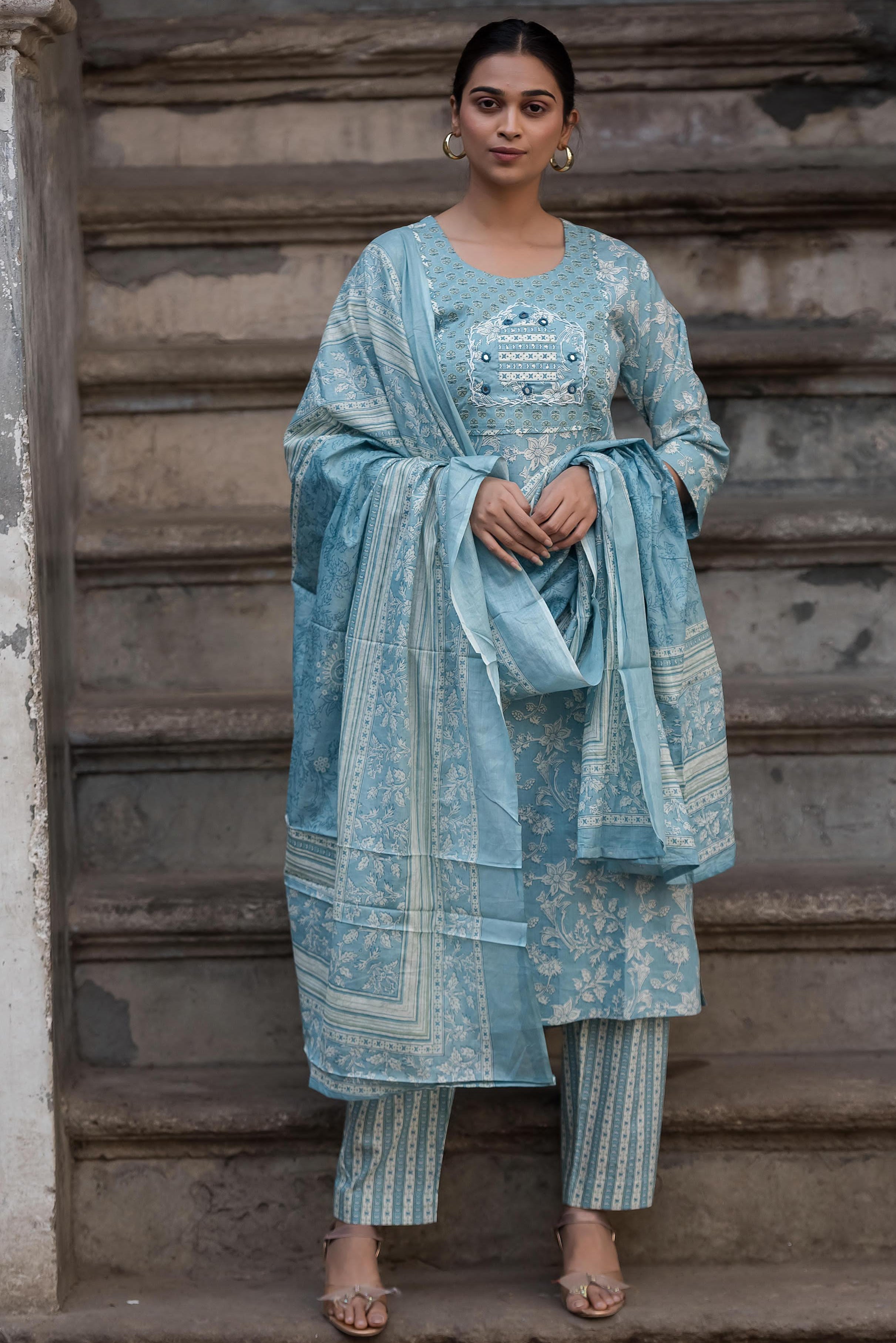 Blue Summer Cotton Printed Hand Embidered -Set Of 3 {8902}