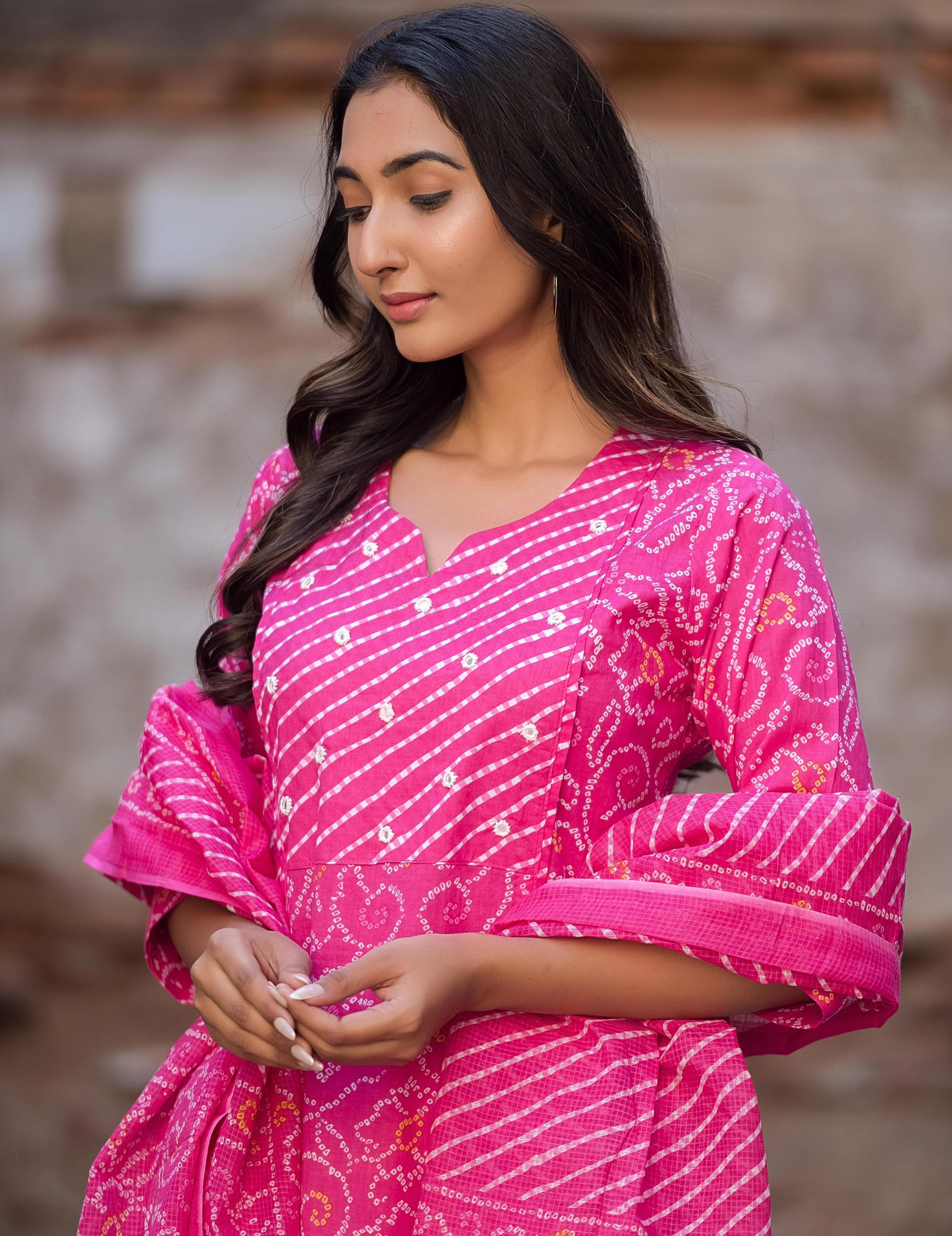 Pink Summer Cotton Printed Hand Embroidery -Set Of 3 {8899}