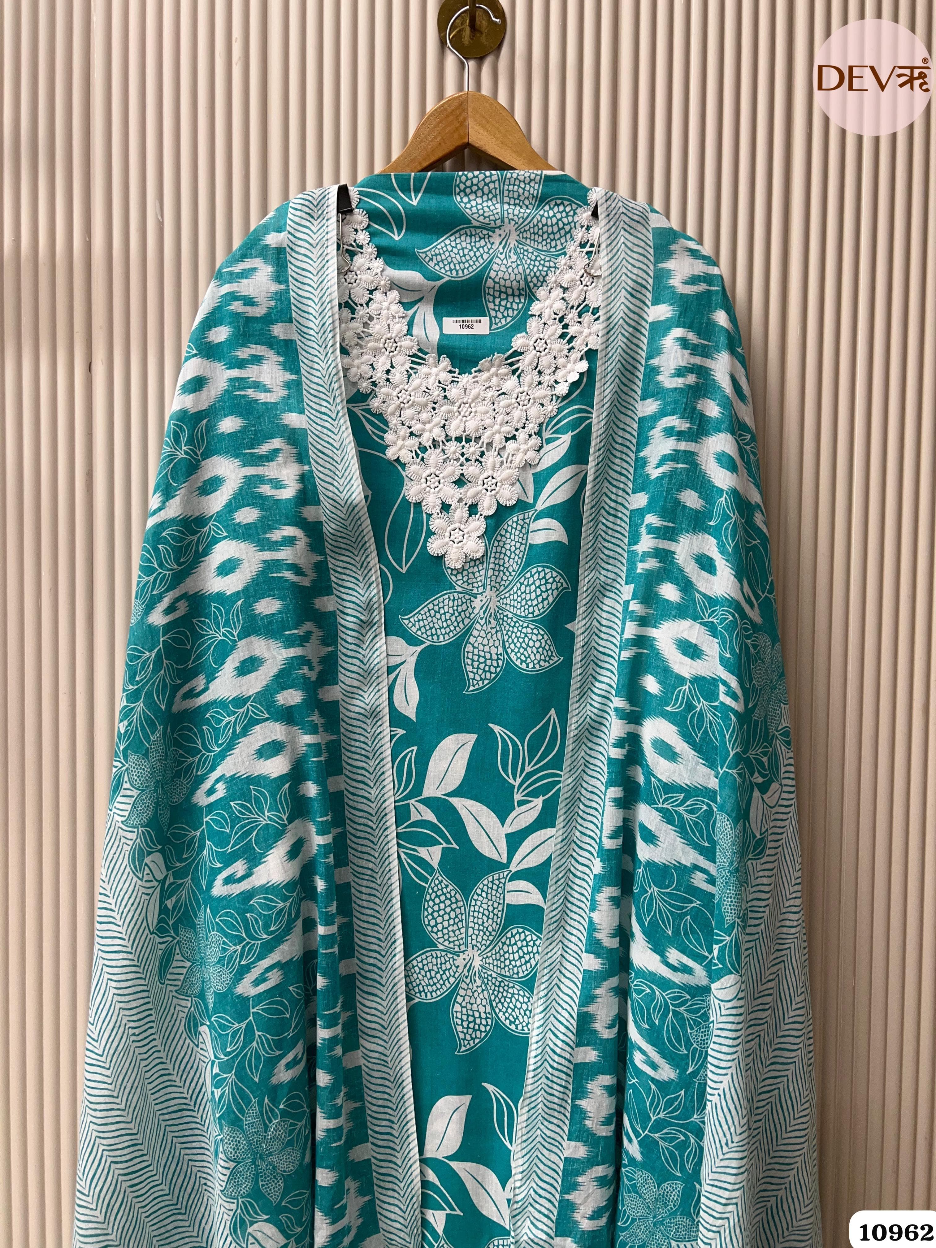 Blue Cotton Unstitched Printed -Set Of 3