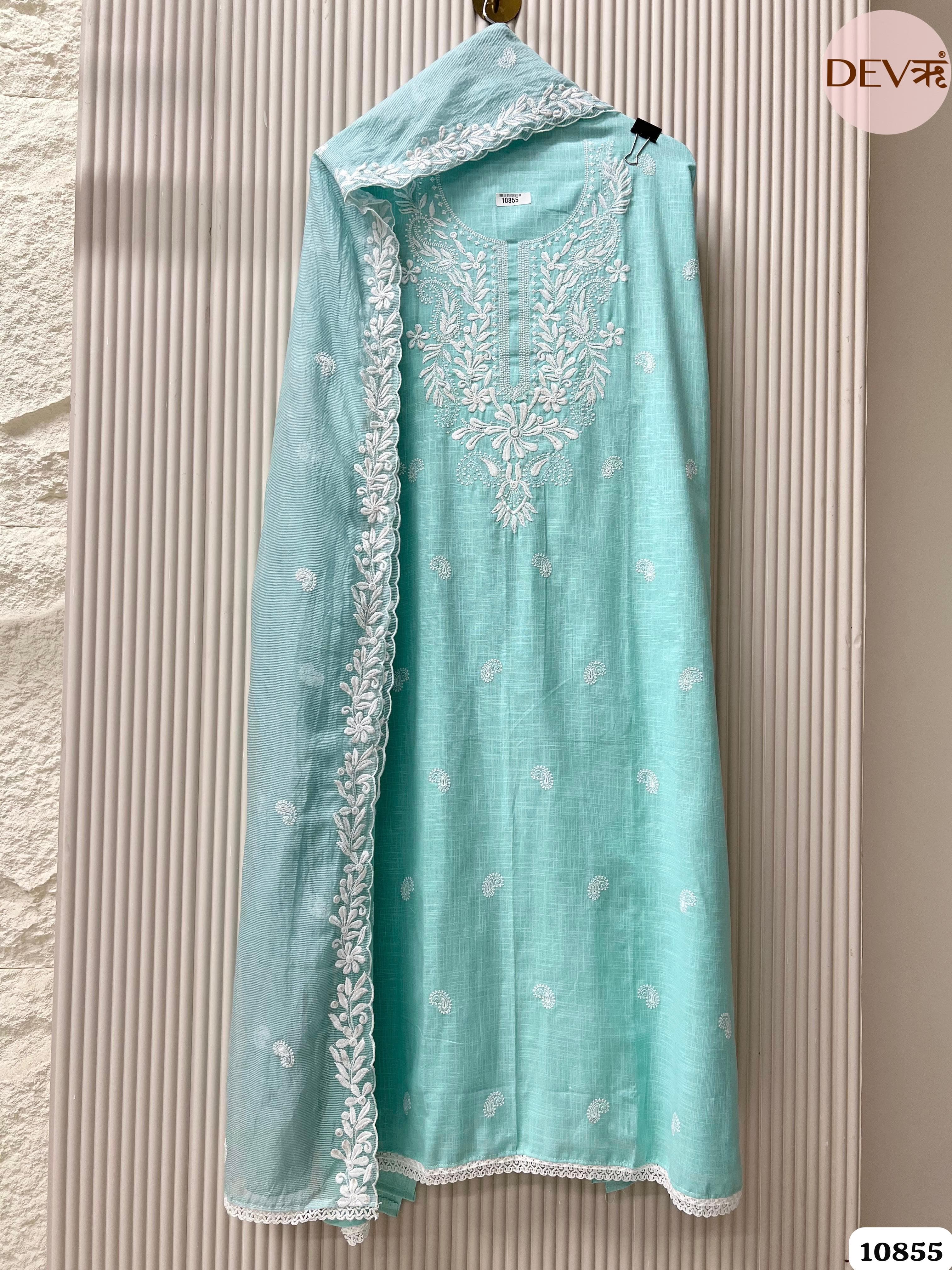 Blue Cotton Unstitched Embroidered -Set Of 3 {10855}