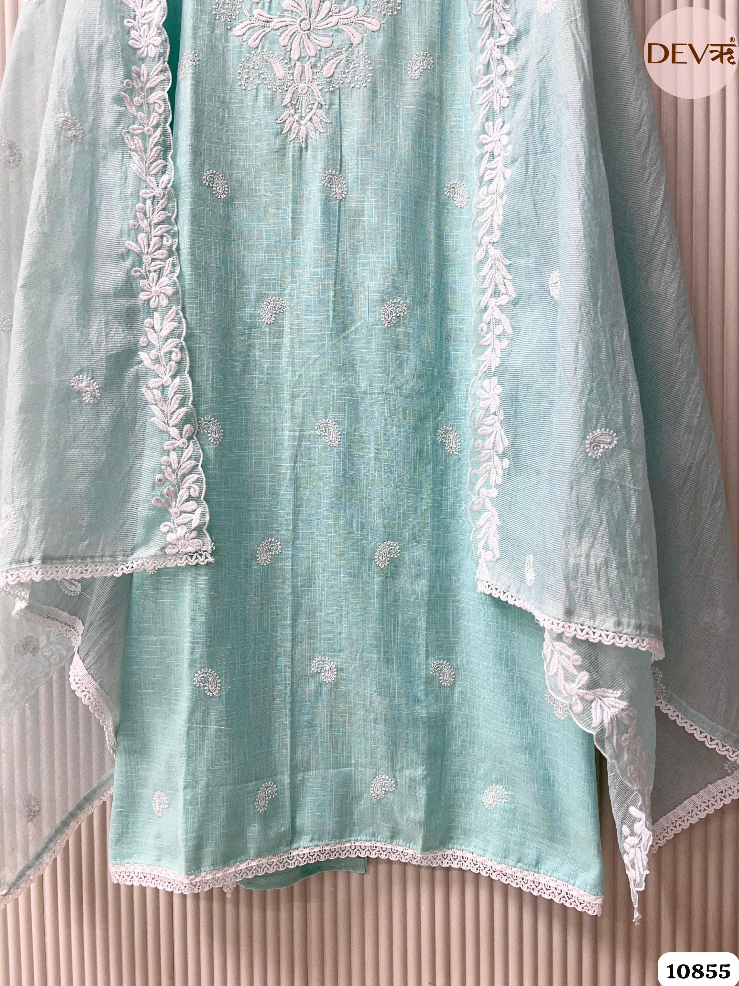 Blue Cotton Unstitched Embroidered -Set Of 3 {10855}