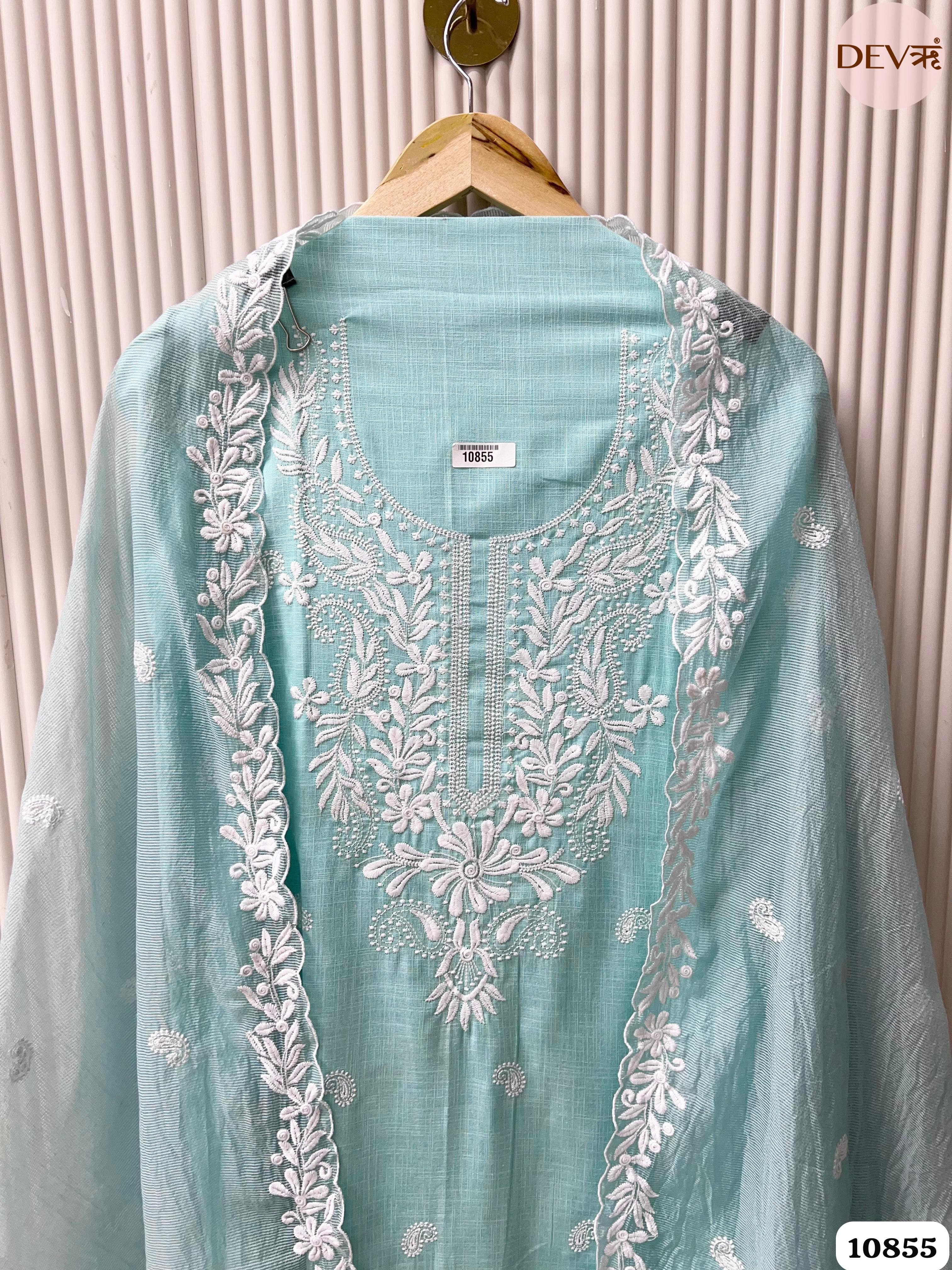 Blue Cotton Unstitched Embroidered -Set Of 3 {10855}