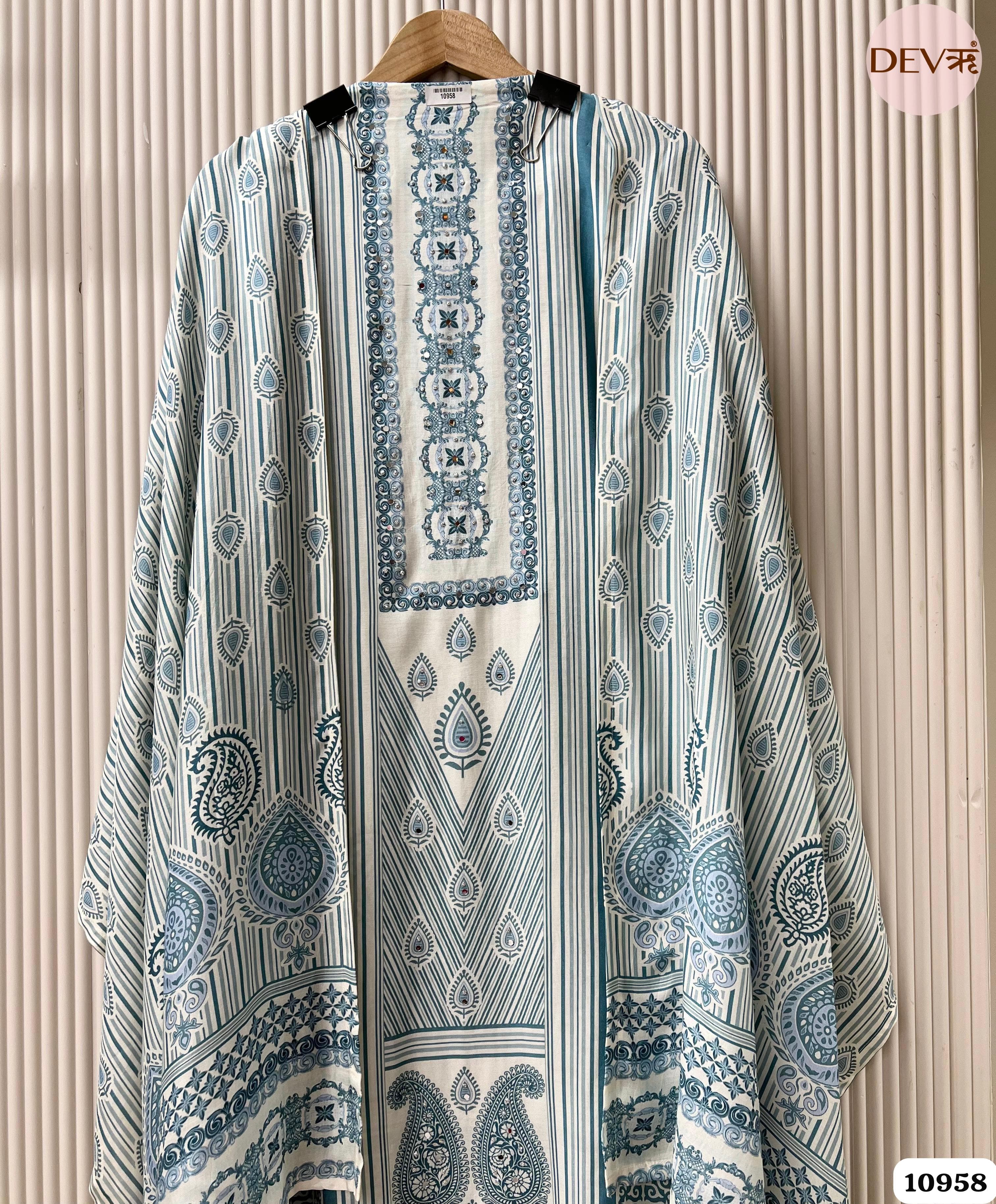Blue Muslin Semi Stitched Printed -Set Of 3