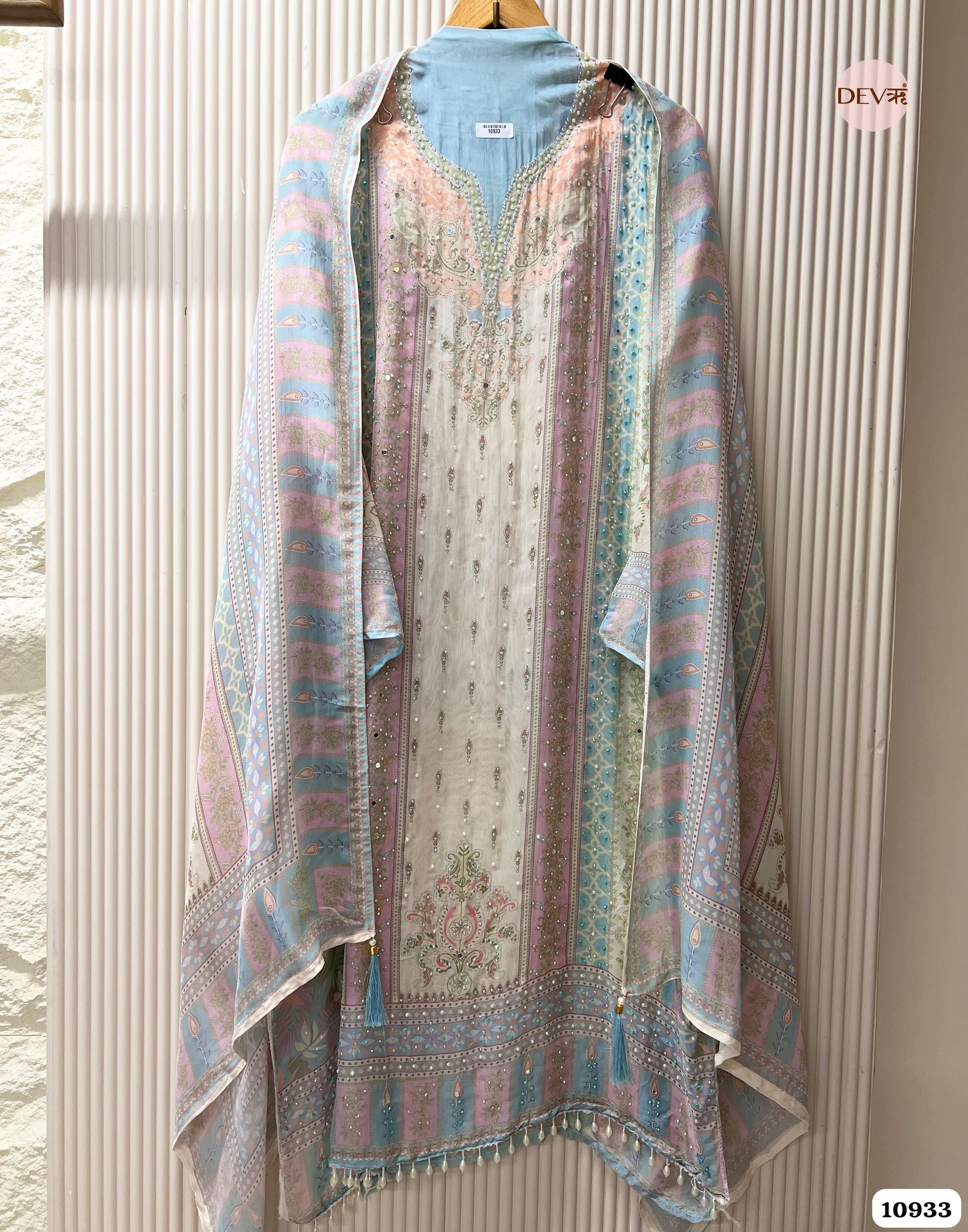 Blue Organza Printed Unstitched Mirror Beads -Set Of 3 {10933}