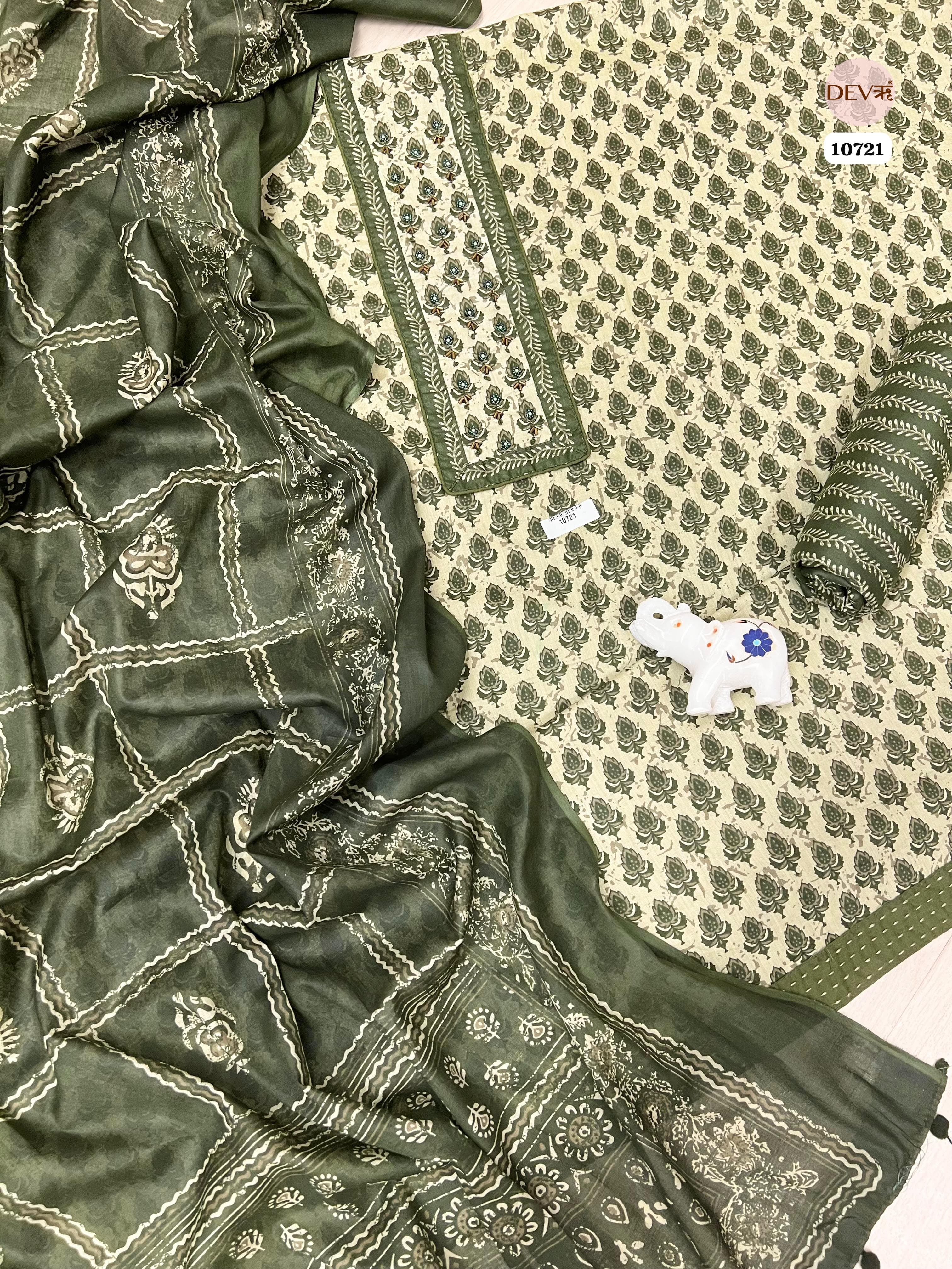 Green Linen Unstitched Printed Hand Embroidered -Set Of 3