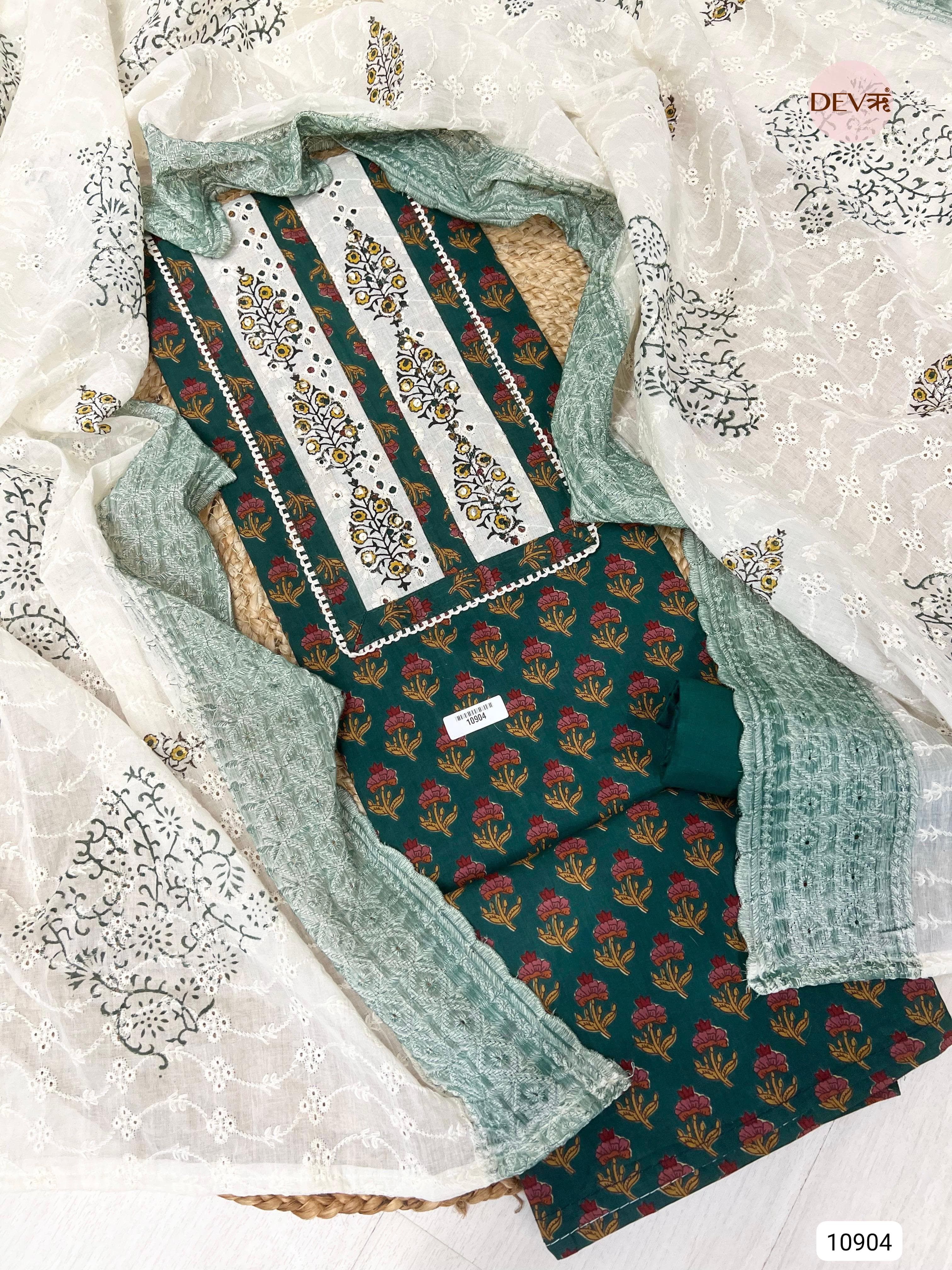 Green Cotton Unstitched Printed Hand Embidered -Set Of 3