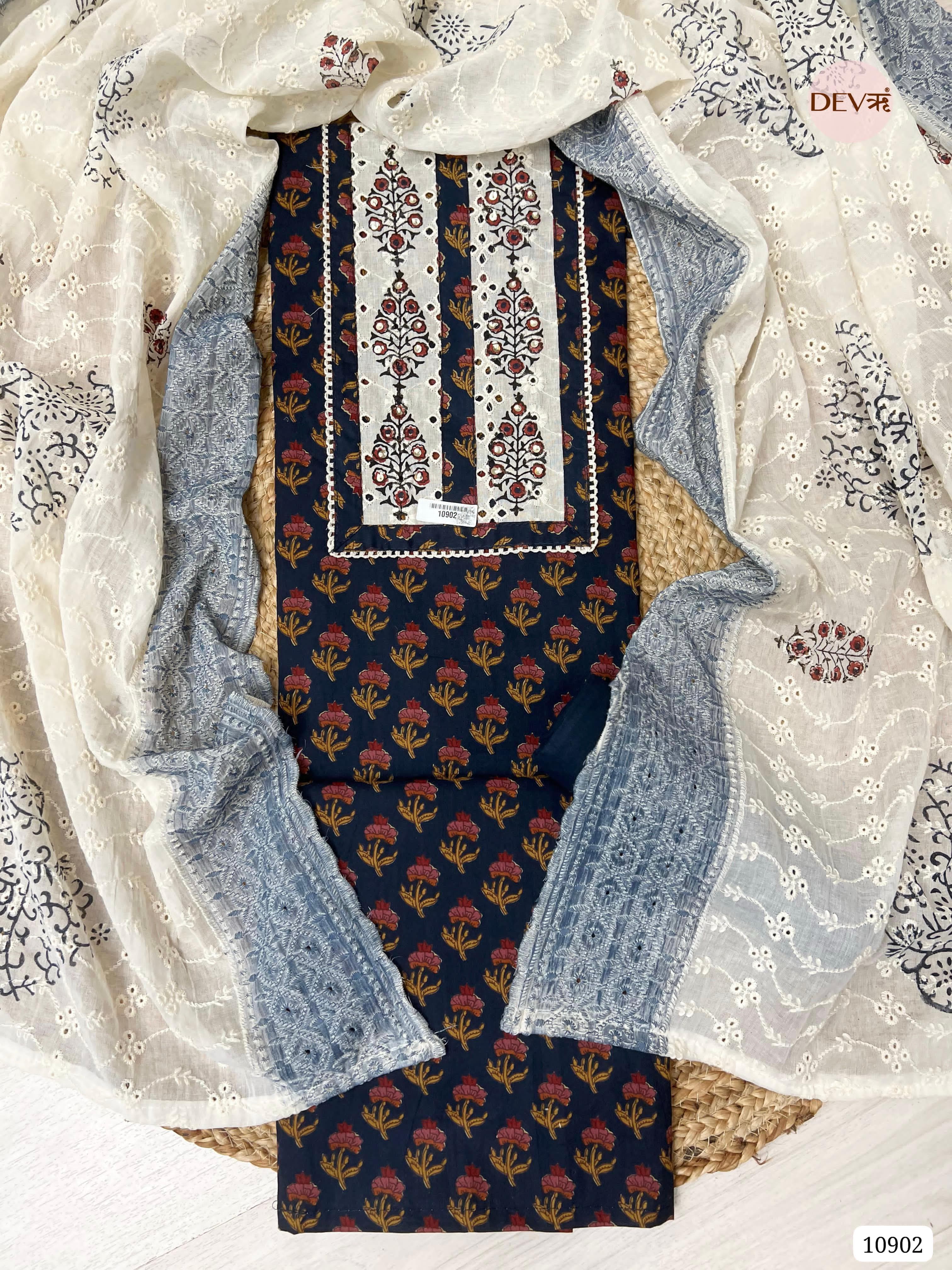 Blue Cotton Unstitched Printed Hand Embidered -Set Of 3