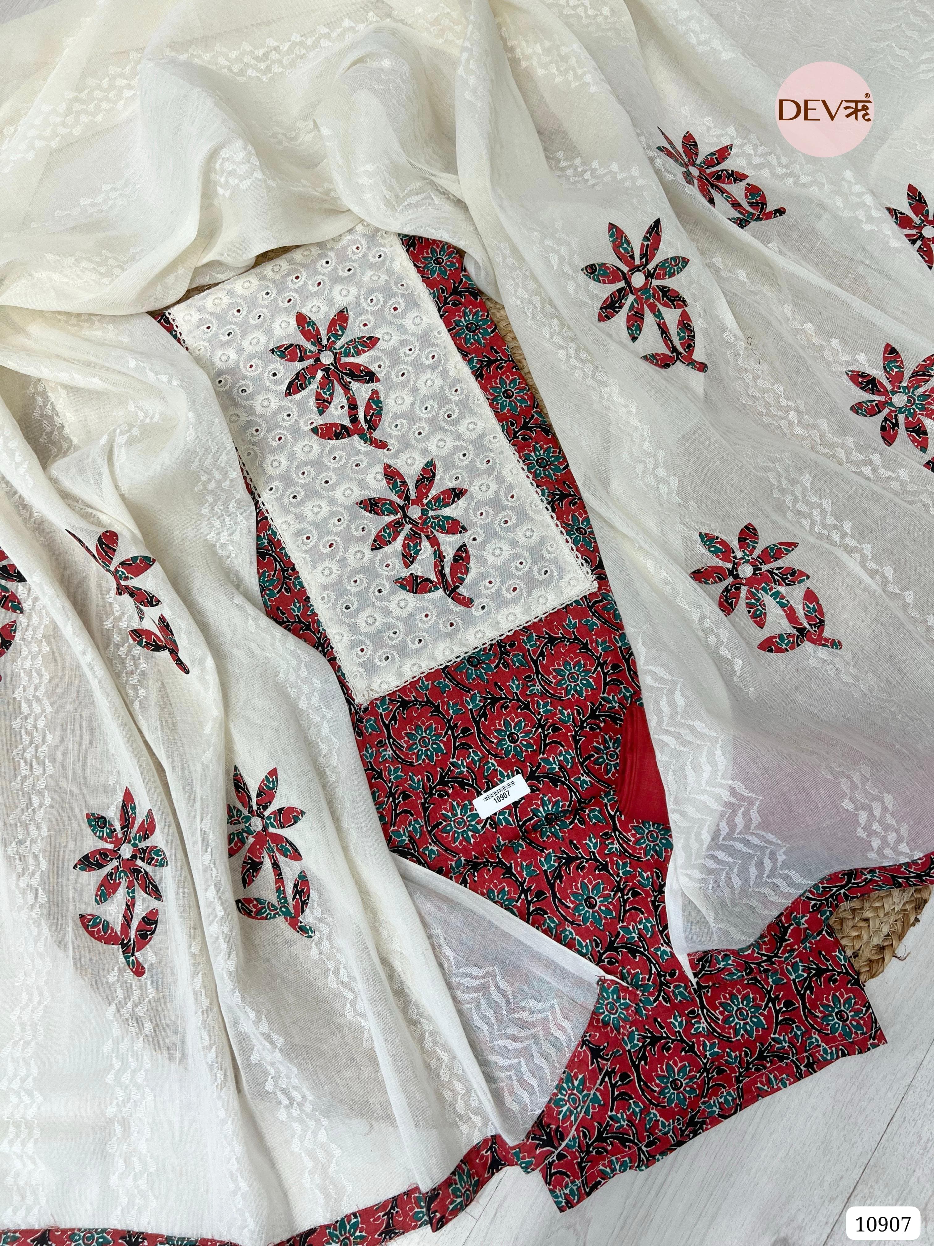 Red Cotton Unstitched Printed With Applique -Set Of 3