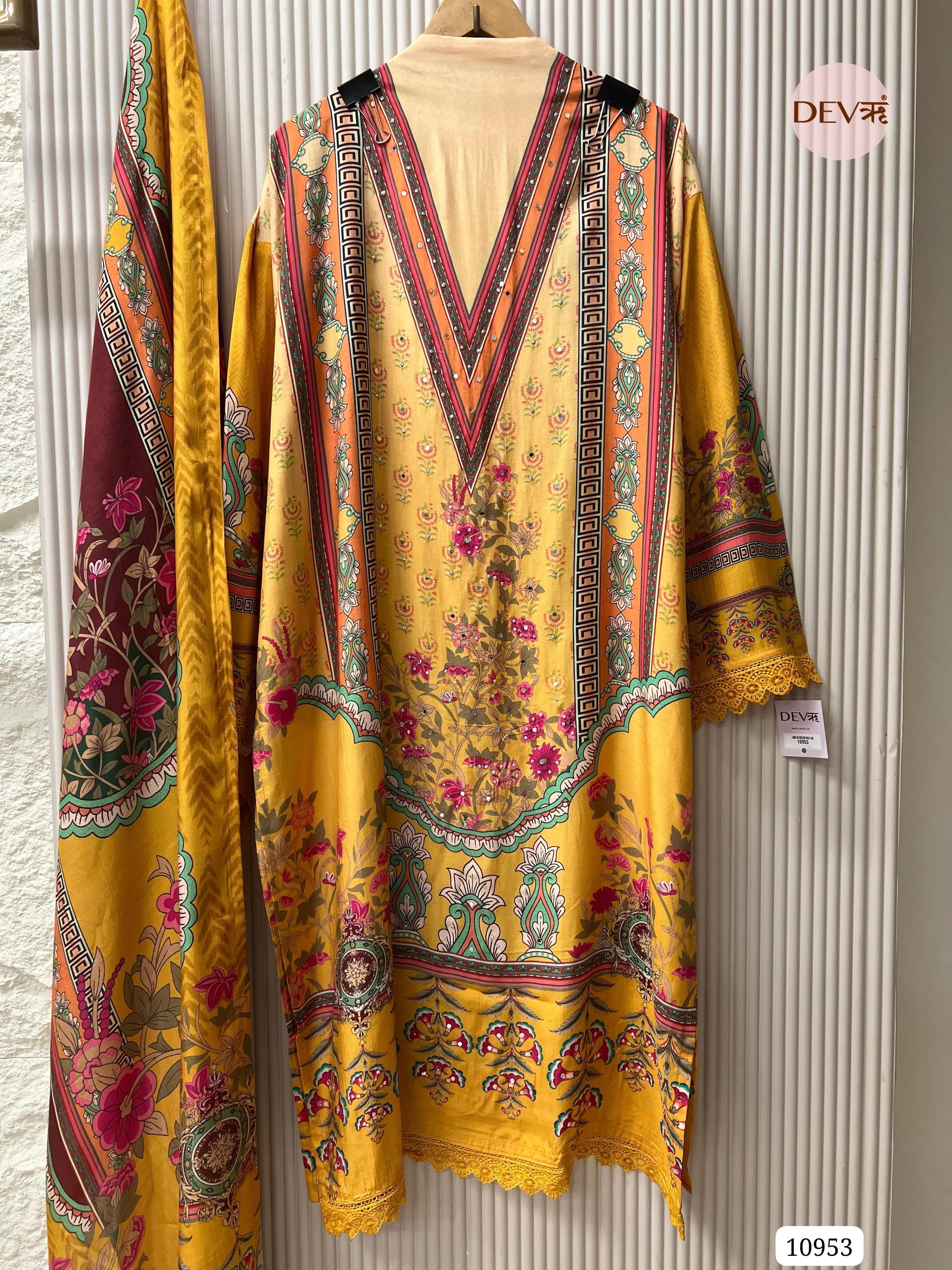 Yellow Muslin Semi Stitched Printed -Set Of 3