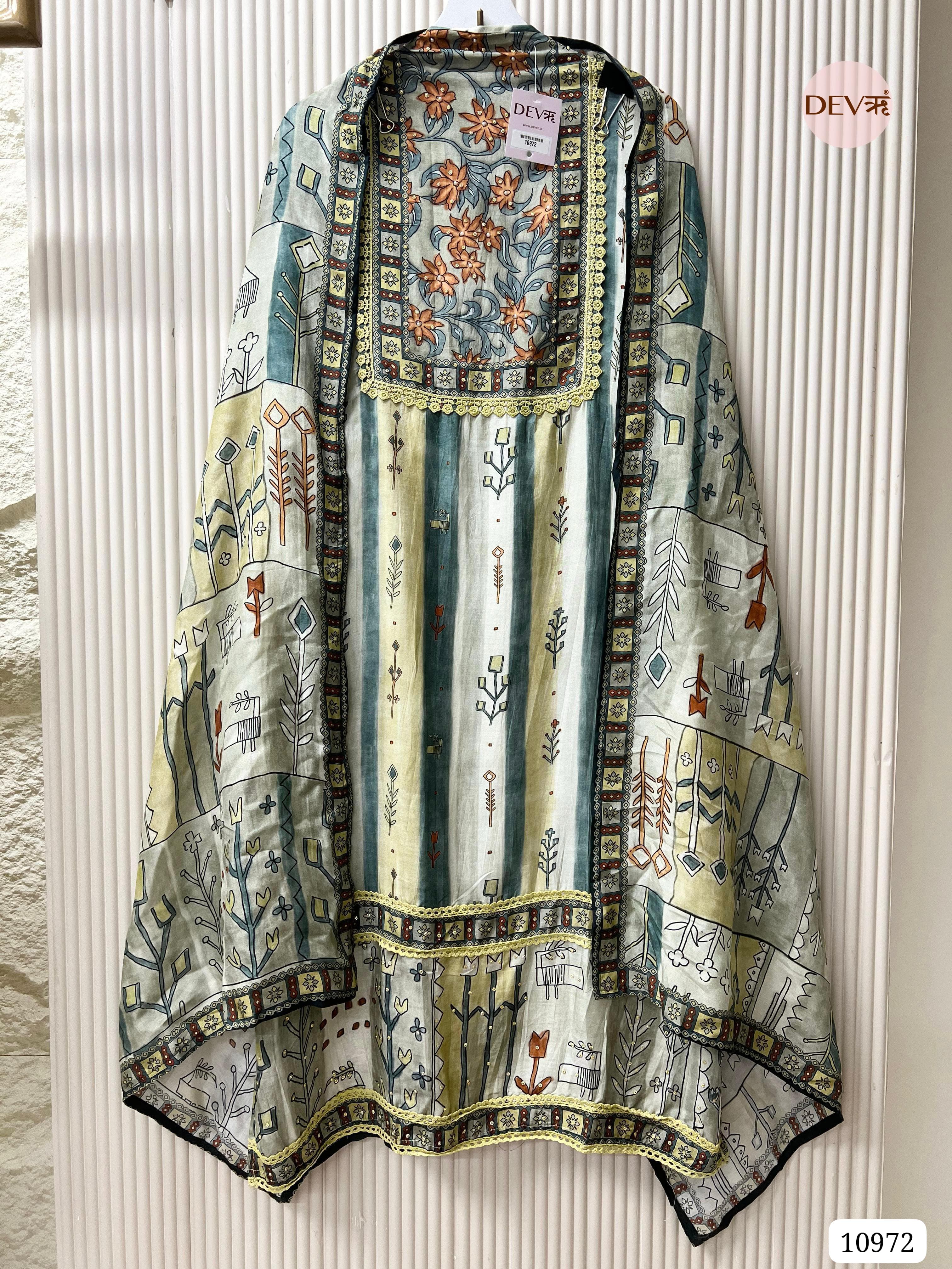 Green Muslin Unstitched Printed Hand Embidered -Set Of 3 {10972}