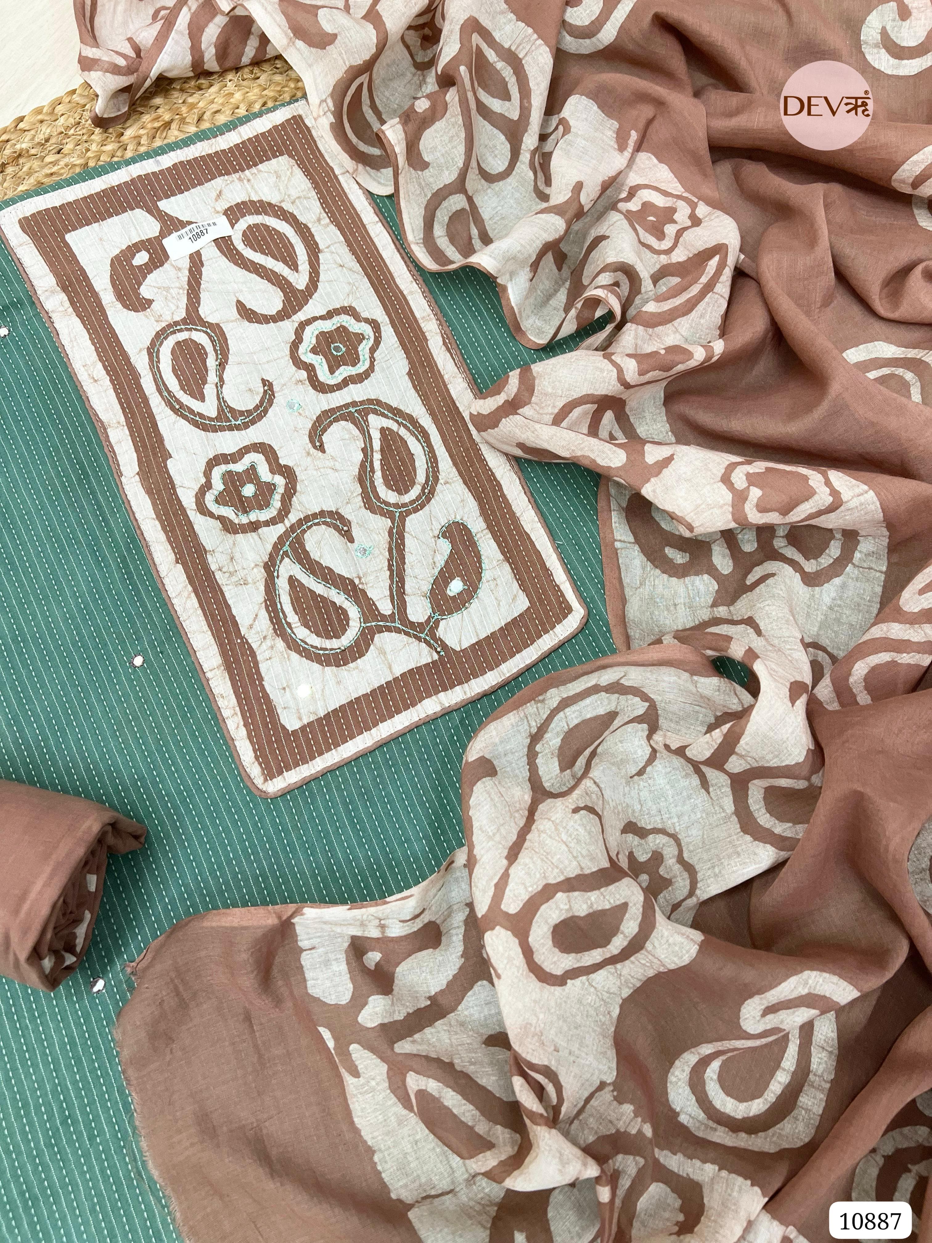 Green Cotton Unstitched Batik Printed Hand Embidered -Set Of 3