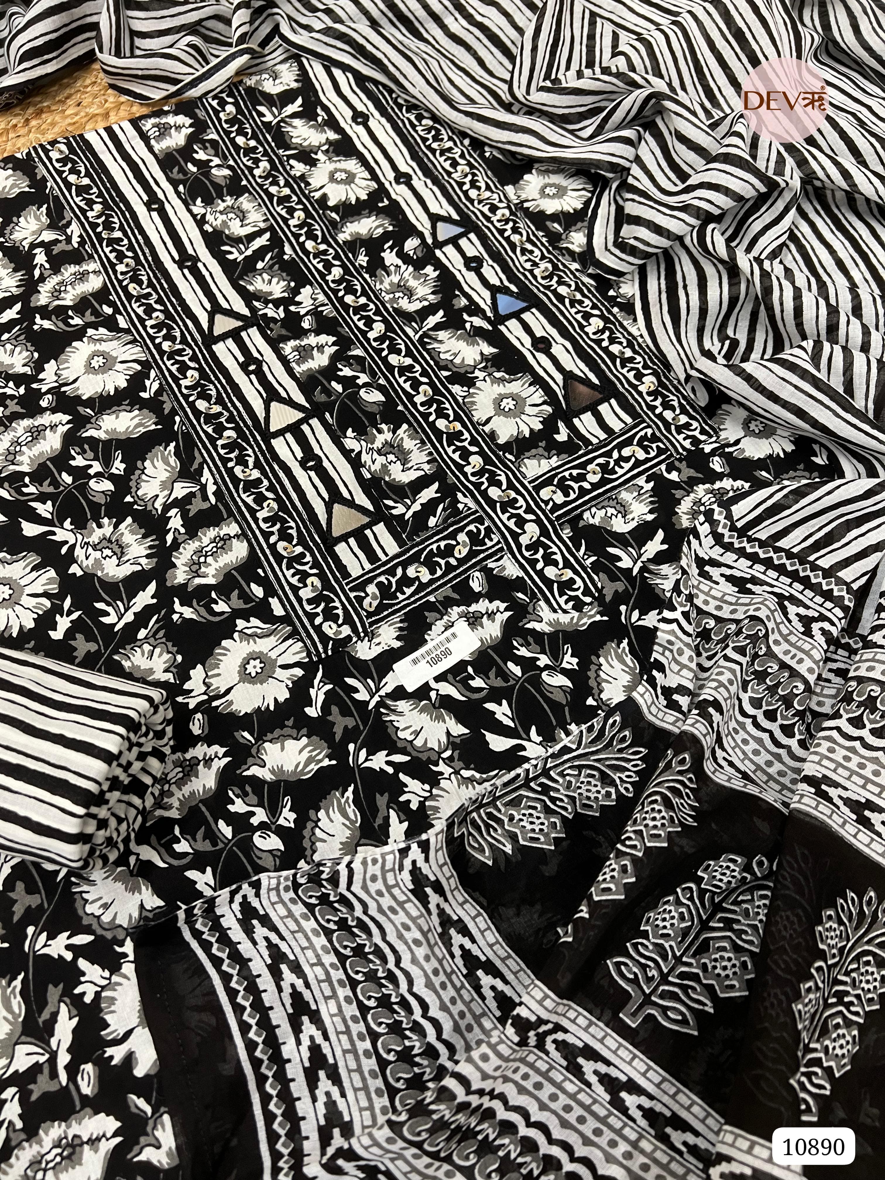 Black/white Cotton Unstitched Printed Hand Embidered -Set Of 3