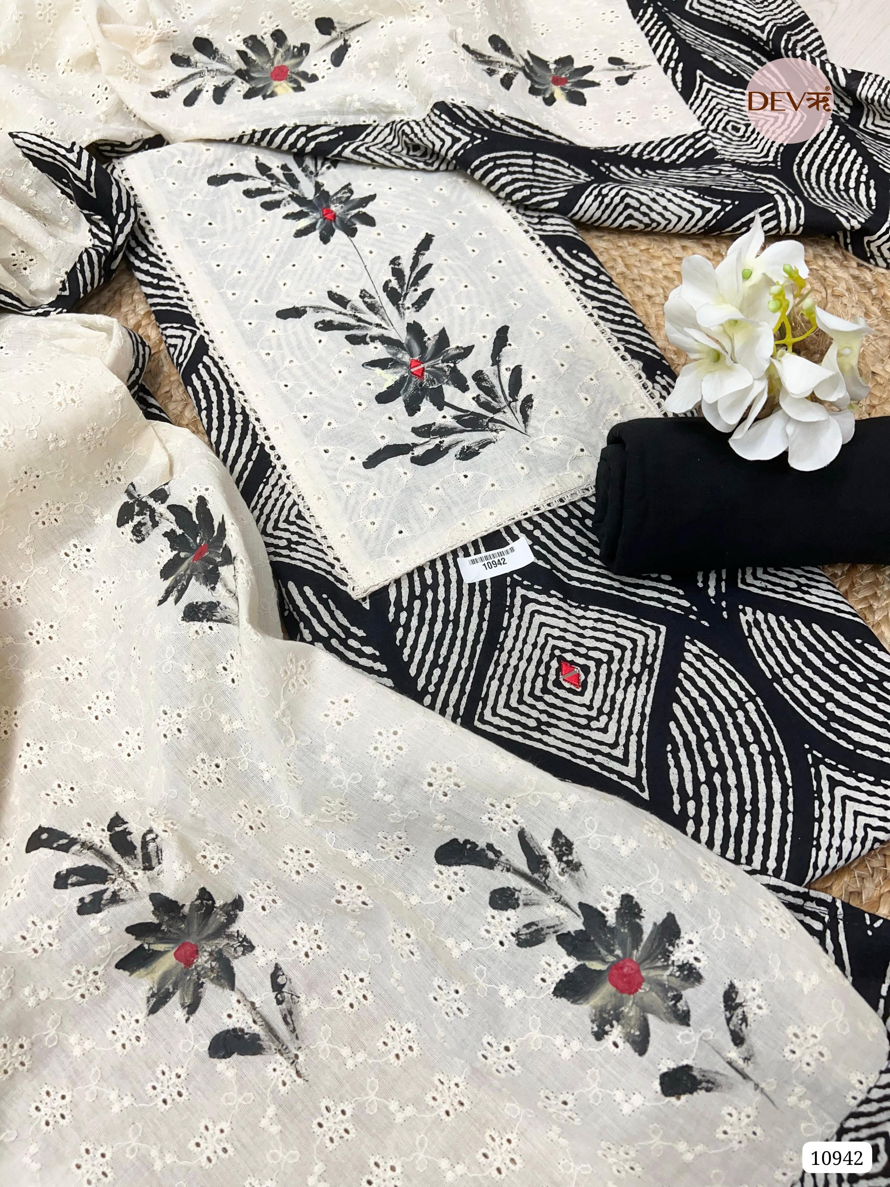Black/white Cotton Unstitched Printed Chikan Work Brush Printed -Set Of 3
