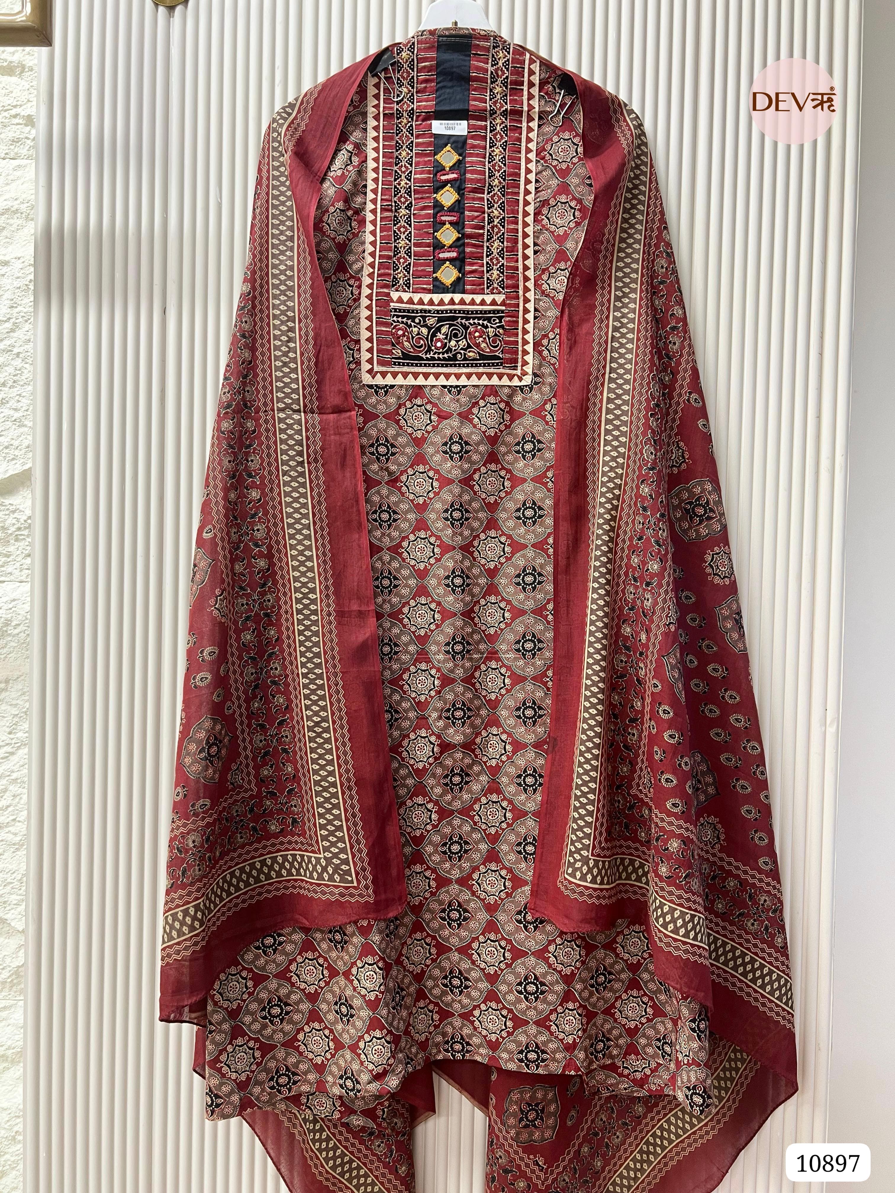 Red Cotton Unstitched Printed Hand Embidered -Set Of 3 {10897}