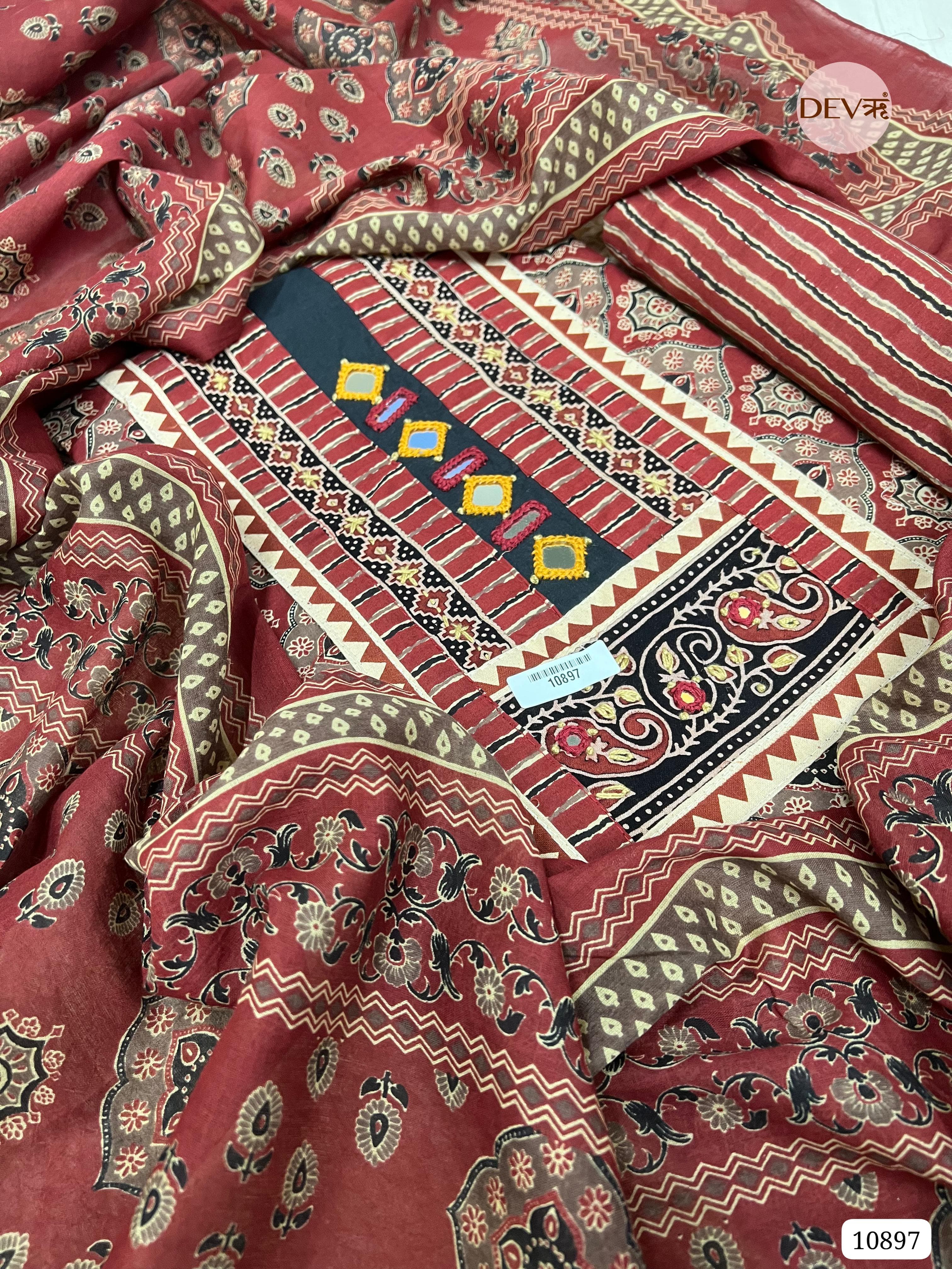 Red Cotton Unstitched Printed Hand Embidered -Set Of 3 {10897}