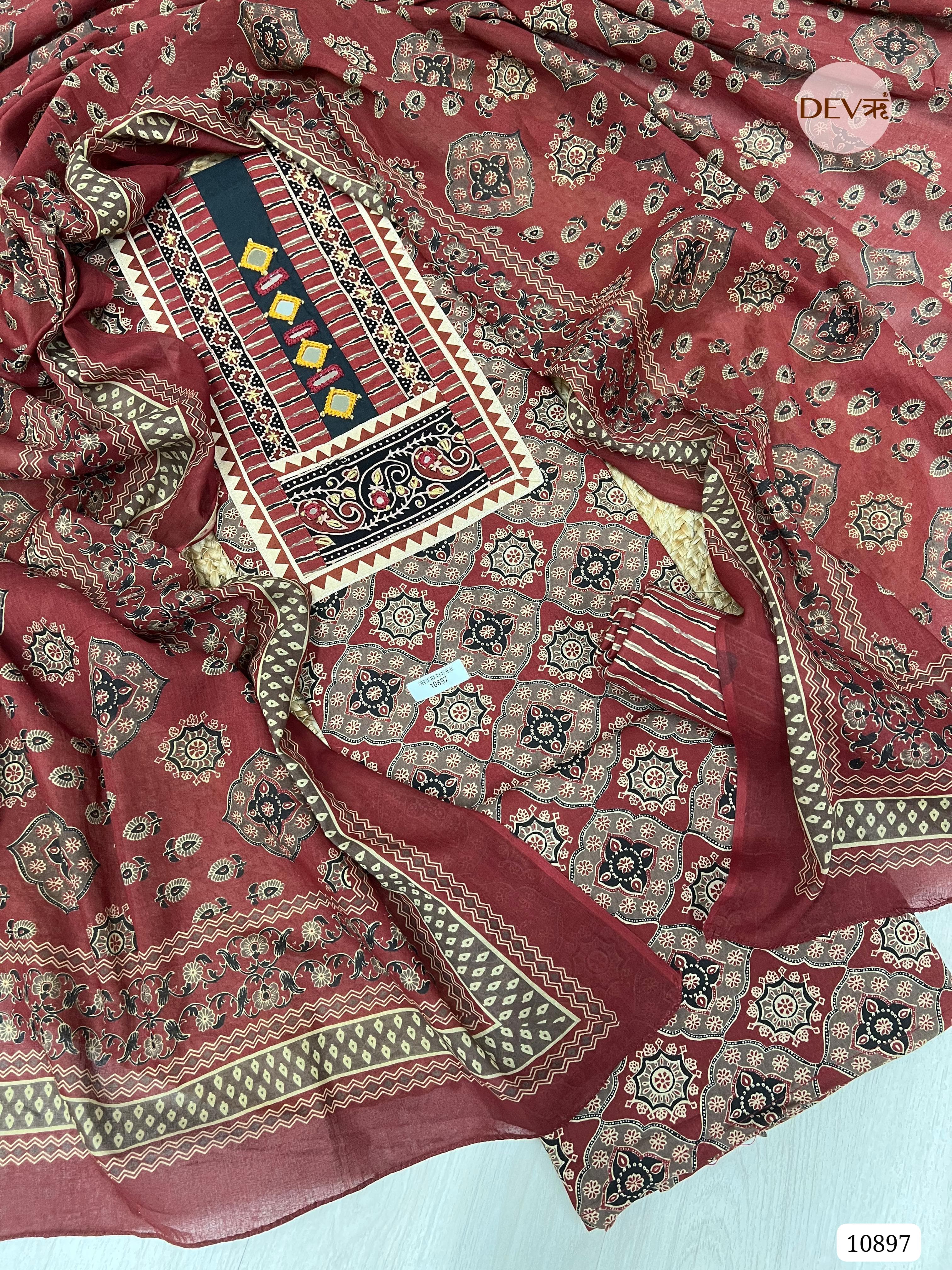 Red Cotton Unstitched Printed Hand Embidered -Set Of 3 {10897}
