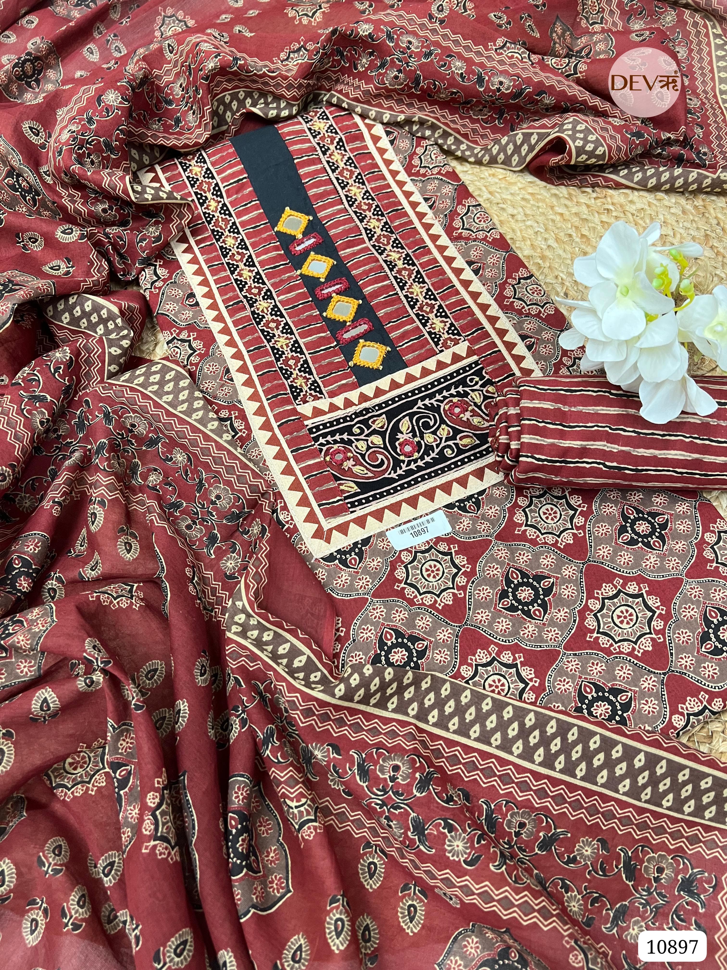 Red Cotton Unstitched Printed Hand Embidered -Set Of 3 {10897}