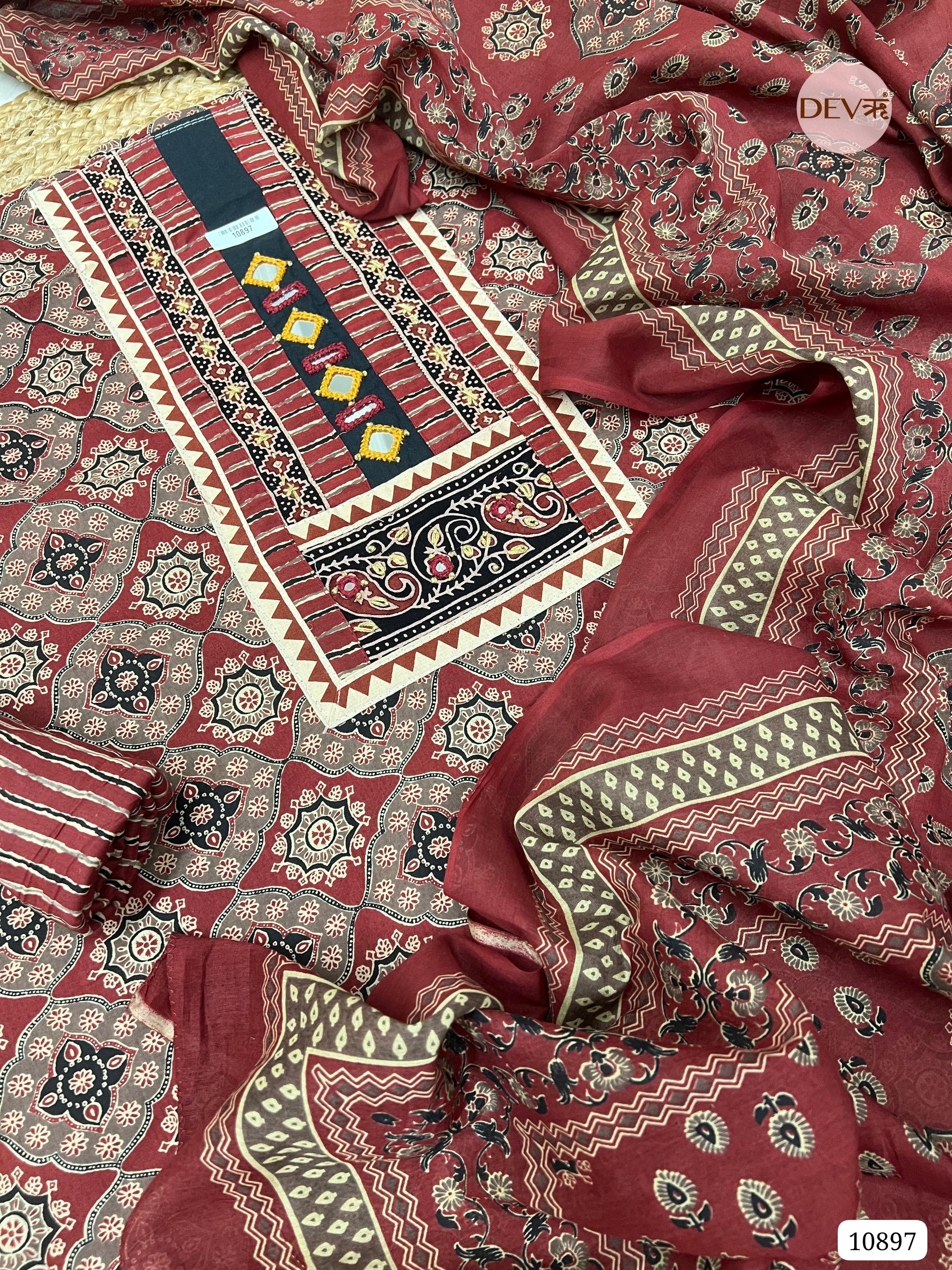 Red Cotton Unstitched Printed Hand Embidered -Set Of 3 {10897}