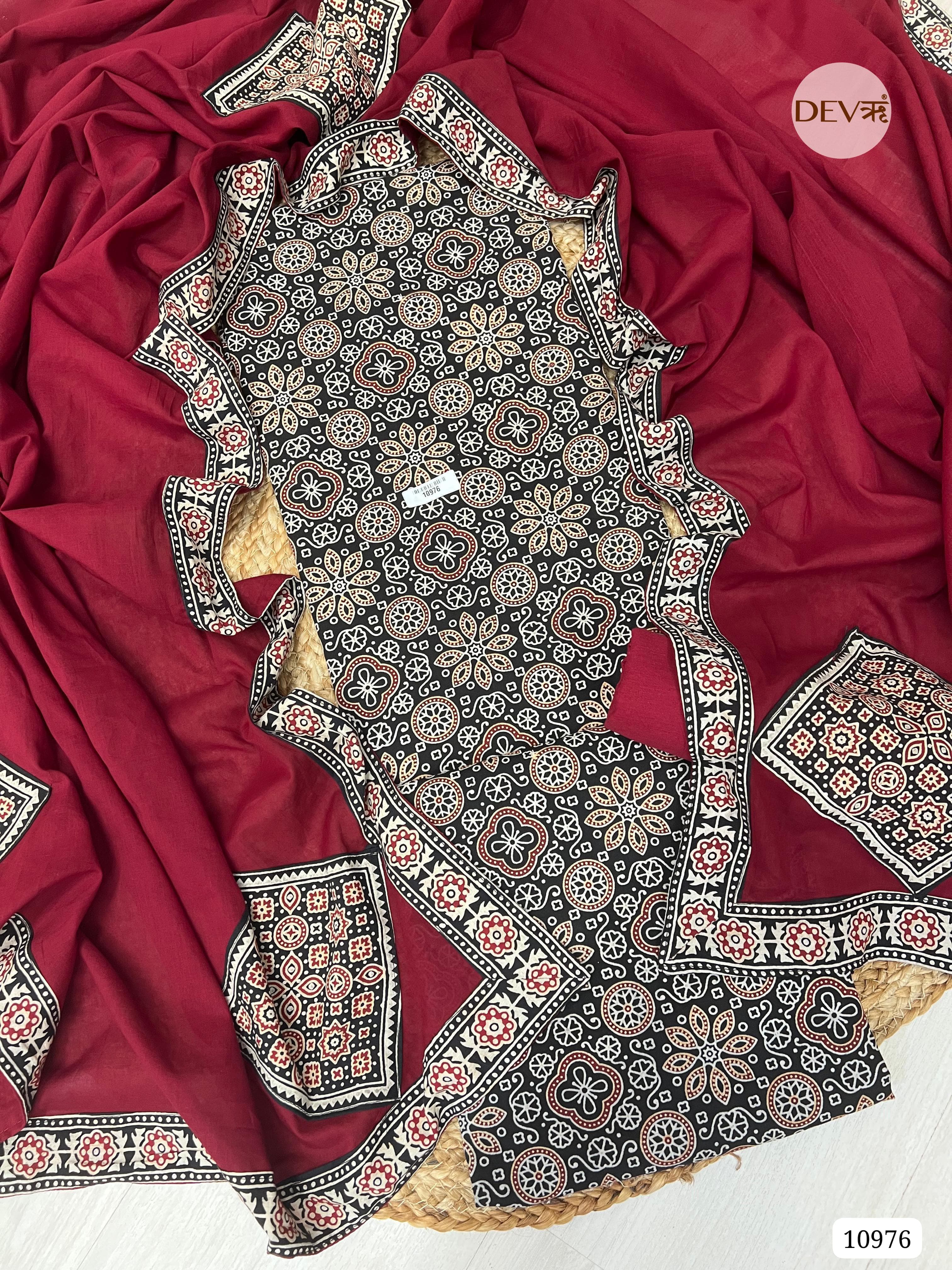 Red Cotton Unstitched Ajrak printed -Set Of 3