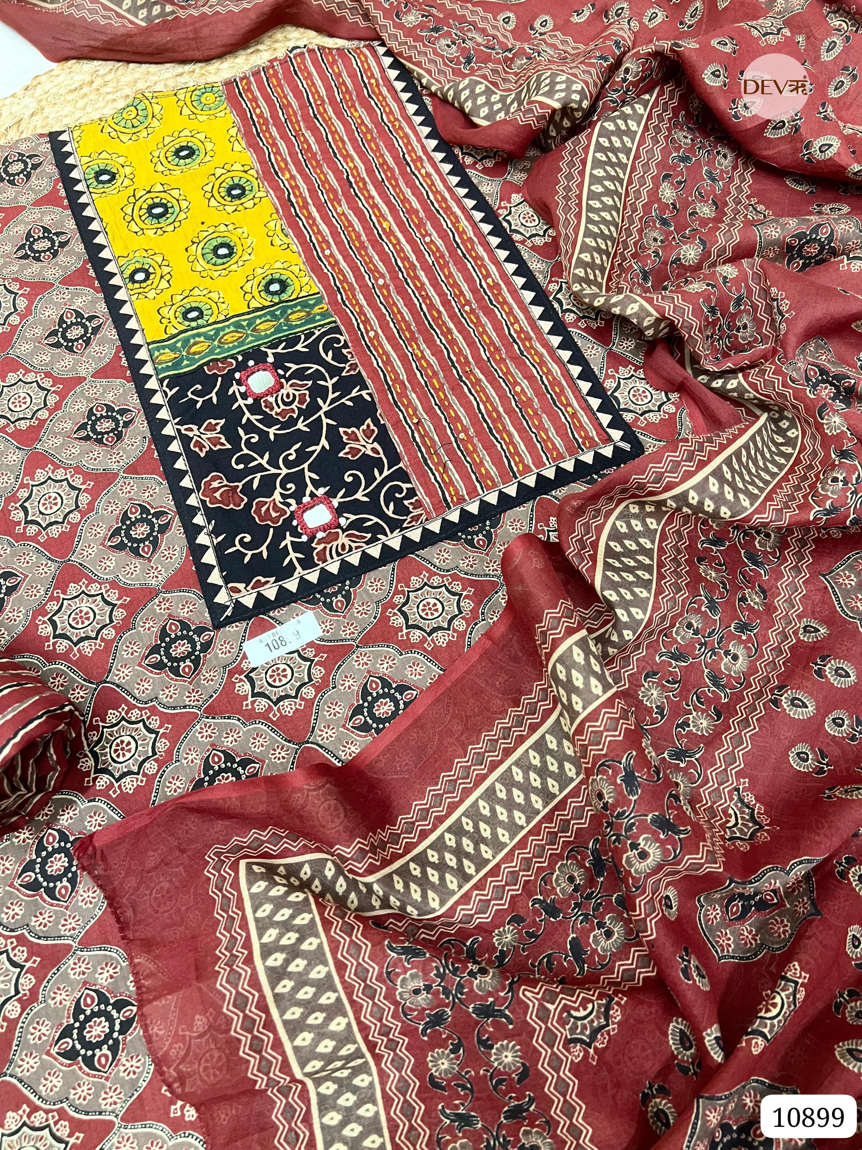 Red Cotton Unstitched Printed Hand Embidered -Set Of 3