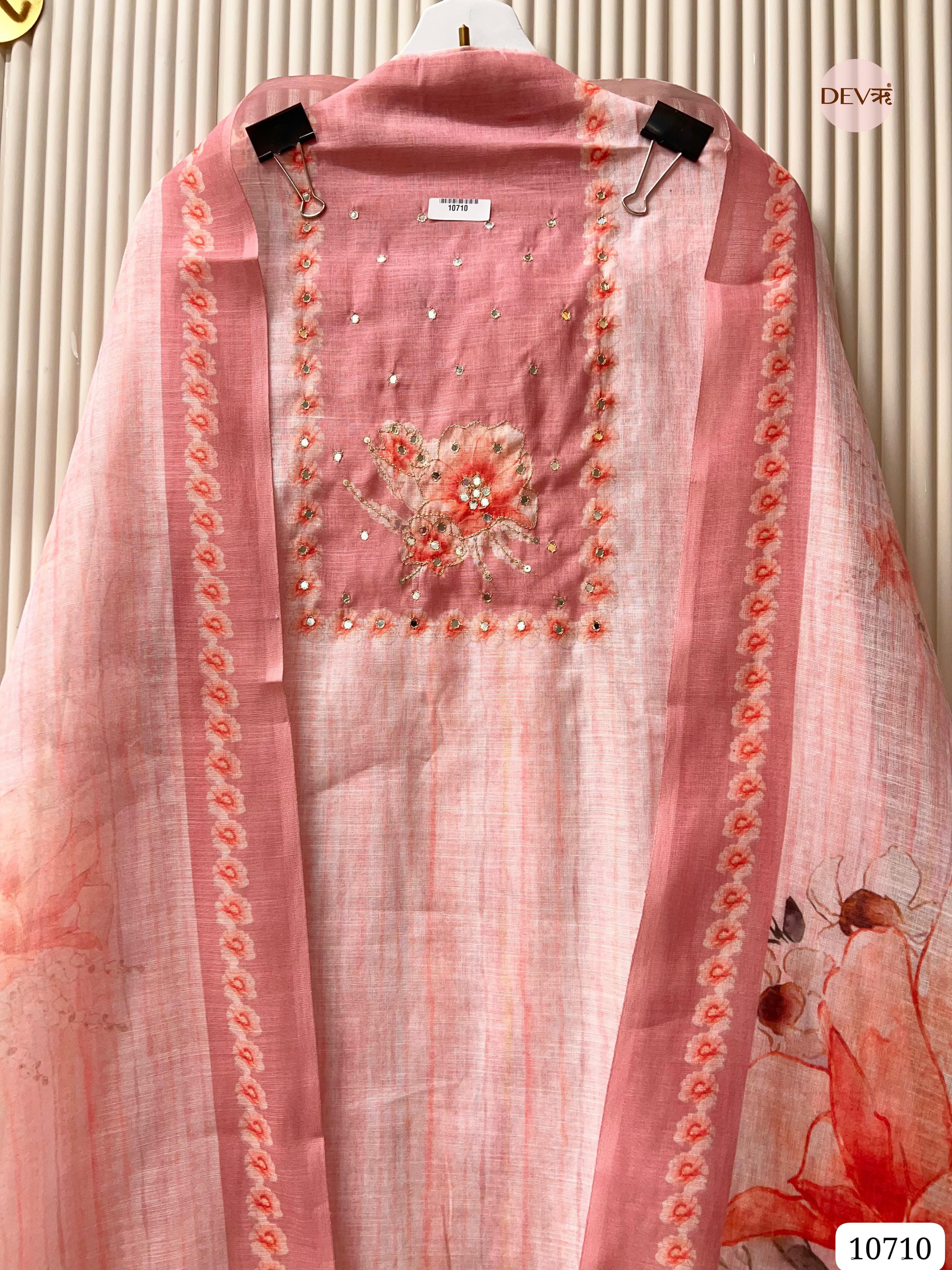 Pink Linen Cotton Unstitched Printed Hand Embroidered -Set Of 3