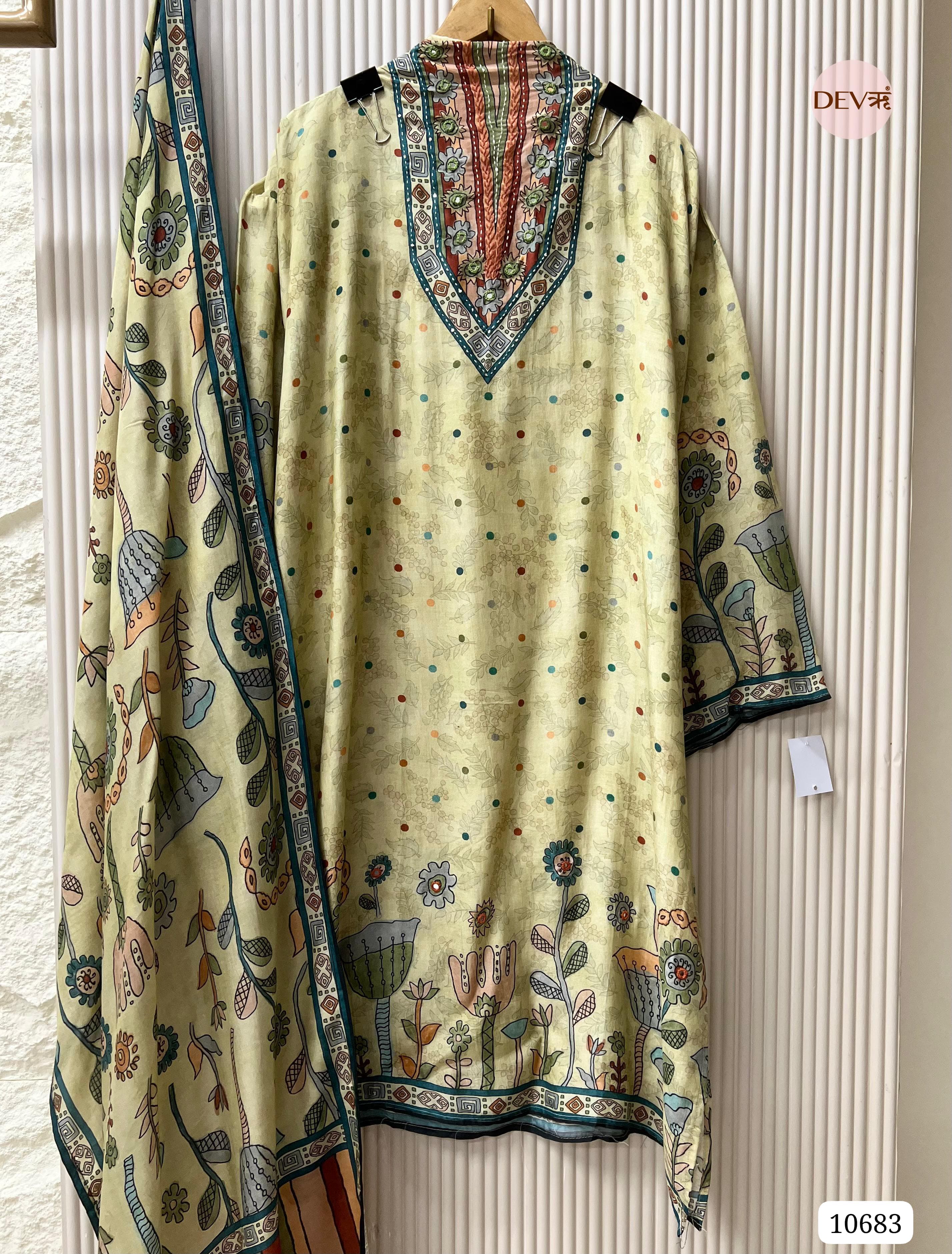 Yellow Muslin Printed Semi Stitched Hand Embroidered -Set Of 3 {10683}